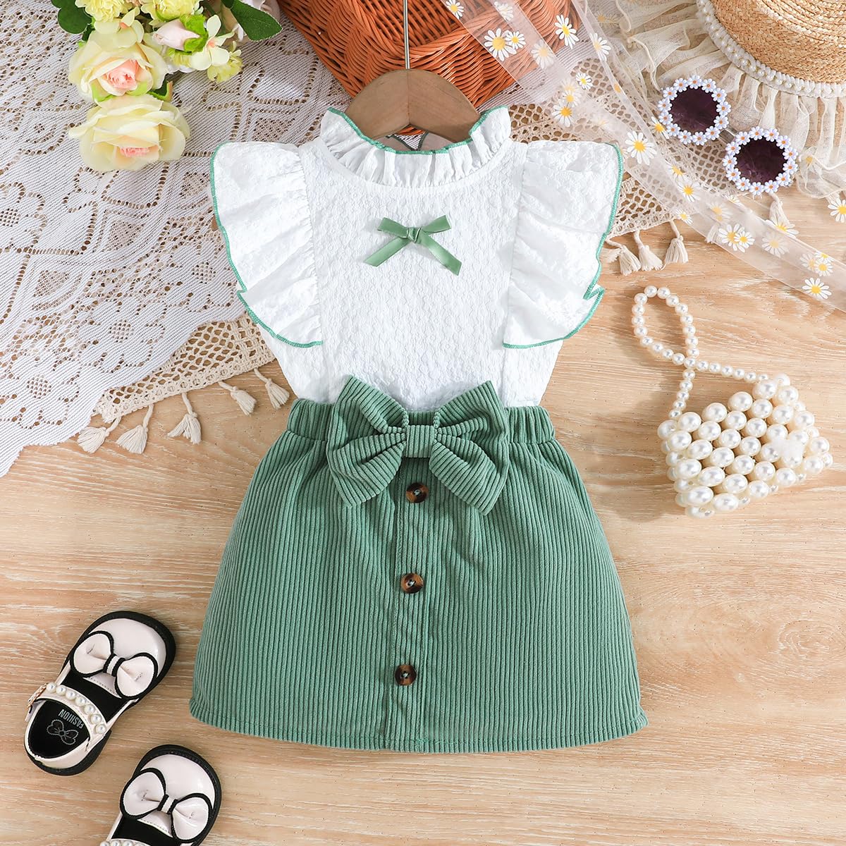 Ensemble Bébé Fille Été Sans Manches à Volants Tops + Bouton Mini-Jupe à Nœud Papillon 2 Pièces Ensemble Élégant Vêtement Tenues