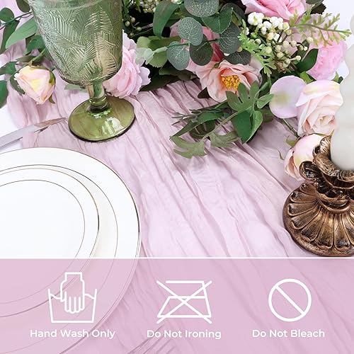 Miniatura 6 de Babenest Camino de mesa de tela de queso rosa polvoriento, paquete de 3 caminos de mesa de gasa de 10 pies para decoración de despedida de soltera,