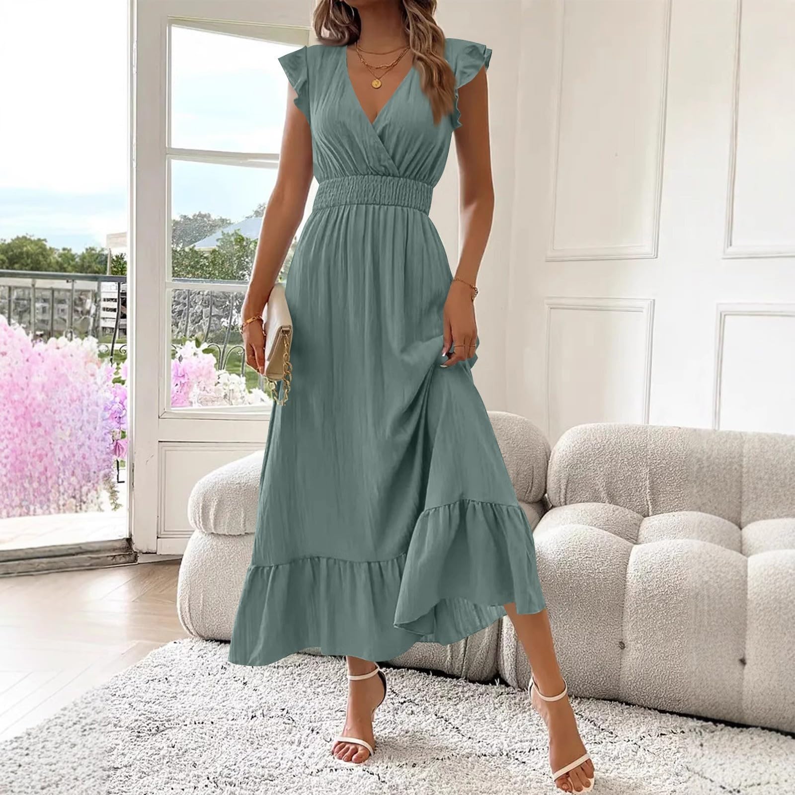 Damen Kleider Sommer Lang Korsett V Ausschnitt Maxikleid Damen Sommer mit Ärmel A Linie Rüschen Sommerkleid Maxi Elegant Plissee Kleid Frauen Tailliert Volant Sommerkleider Leicht Und Luftig