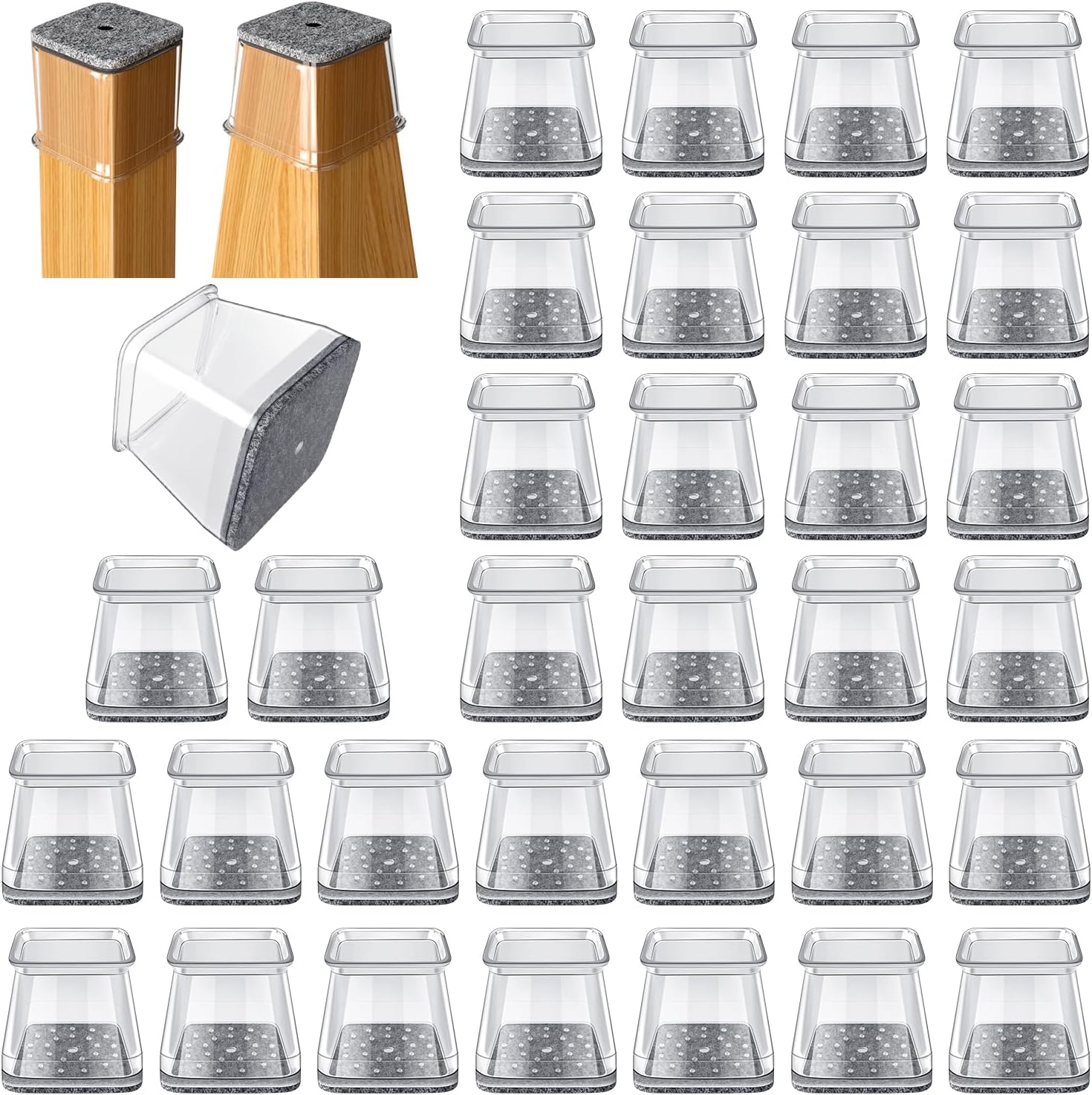 32 Pcs Square Chair Leg Protectors for Hardwood Floors,Felt Furniture Floor Protectors with Silicone Caps, Large Size (Fits Chair Legs with Side Length: 1-1/16' to 1-5/8'")