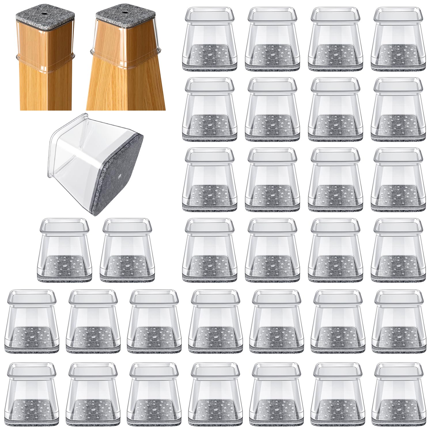 32 Pcs Square Chair Leg Protectors for Hardwood Floors Felt Furniture Floor Protectors with Silicone Caps Large Size