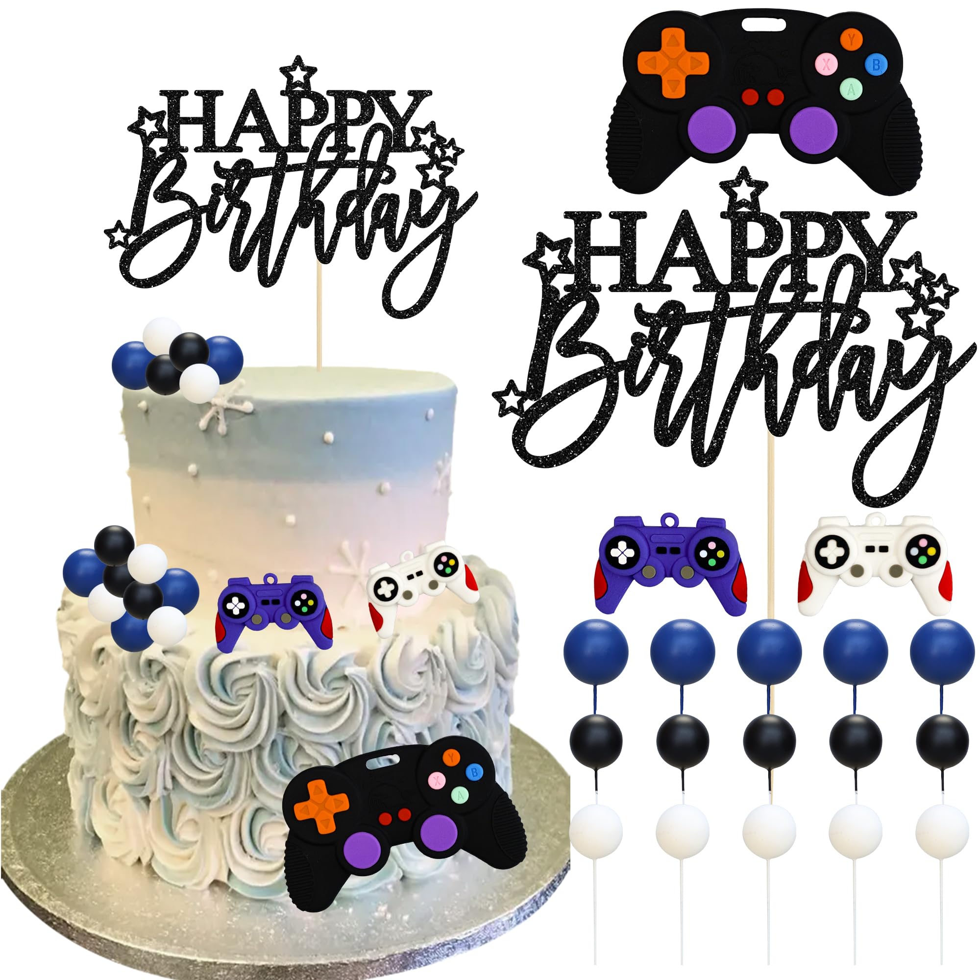Ephlyn 19 Pack Video Game Cake Toppers Video Game Happy Birthday Controller Headset Cake Decoration Ball Cake Decoration for Game Theme Birthday Party Cake Decoration Black Blue