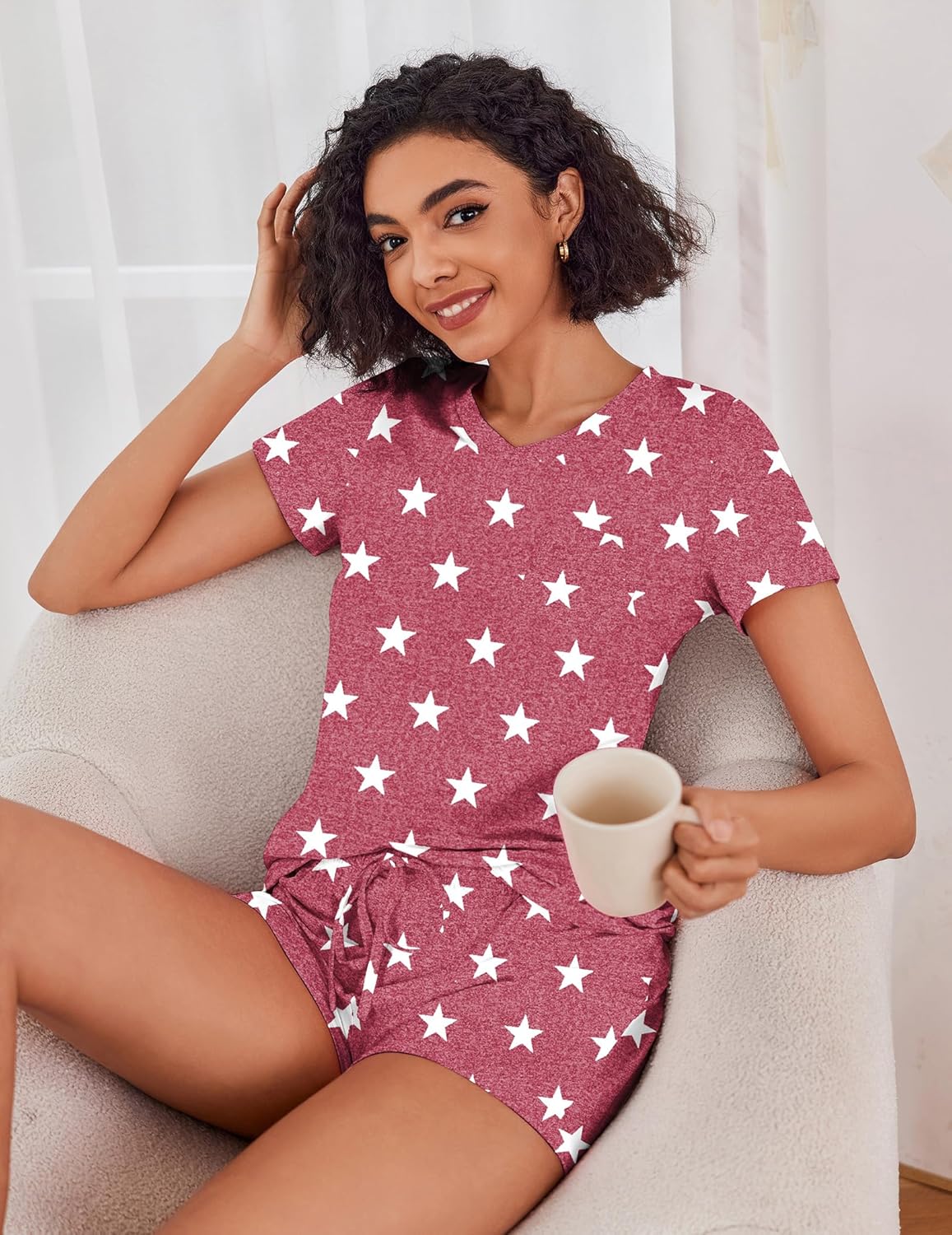 Ekouaer Womens Pajama Sets Short Sleeve Pajamas for Women Sets Soft Lounge Sets Casual V Neck Sleepwear PJS - Image 3