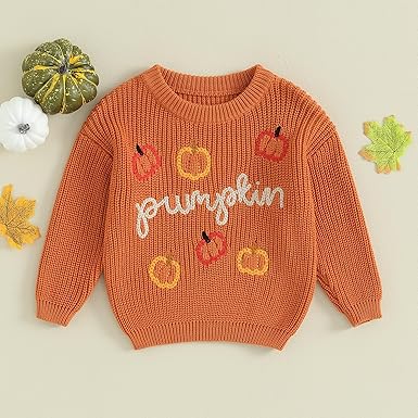 MAHUAOYIXI Baby Halloween Pullover - Little Pumpkin Strickpullover Mit Kürbis-Stickerei