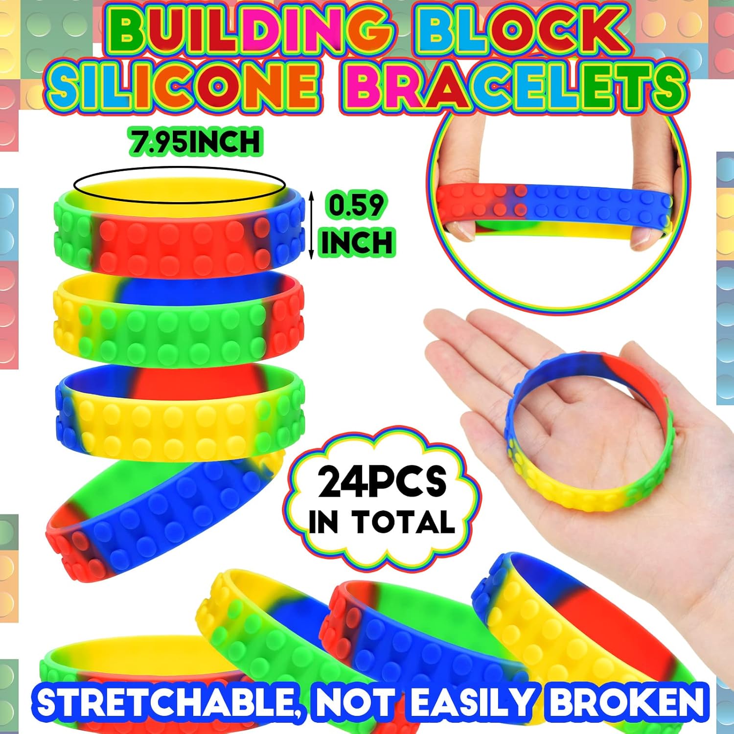Civaner 48 Pieces Building Blocks Party Favors Building Block Slap Bracelets Silicone Wristband Color Brick Party Slap Bracelet for Colorful Birthday Party Favors