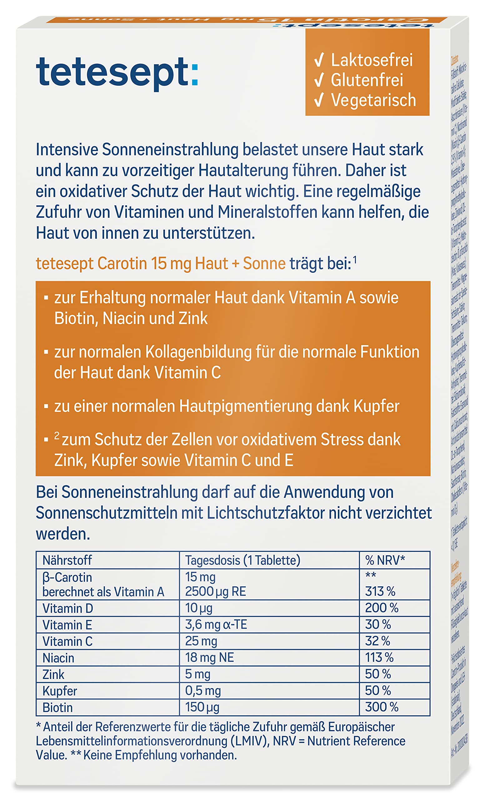 tetesept Carotin 15 mg Haut + Sonne – 5 x 30 Tabletten – Haut Vitamine für die Schönheit gebräunter Haut – Nahrungsergänzungsmittel mit β-Carotin und Antioxidantien