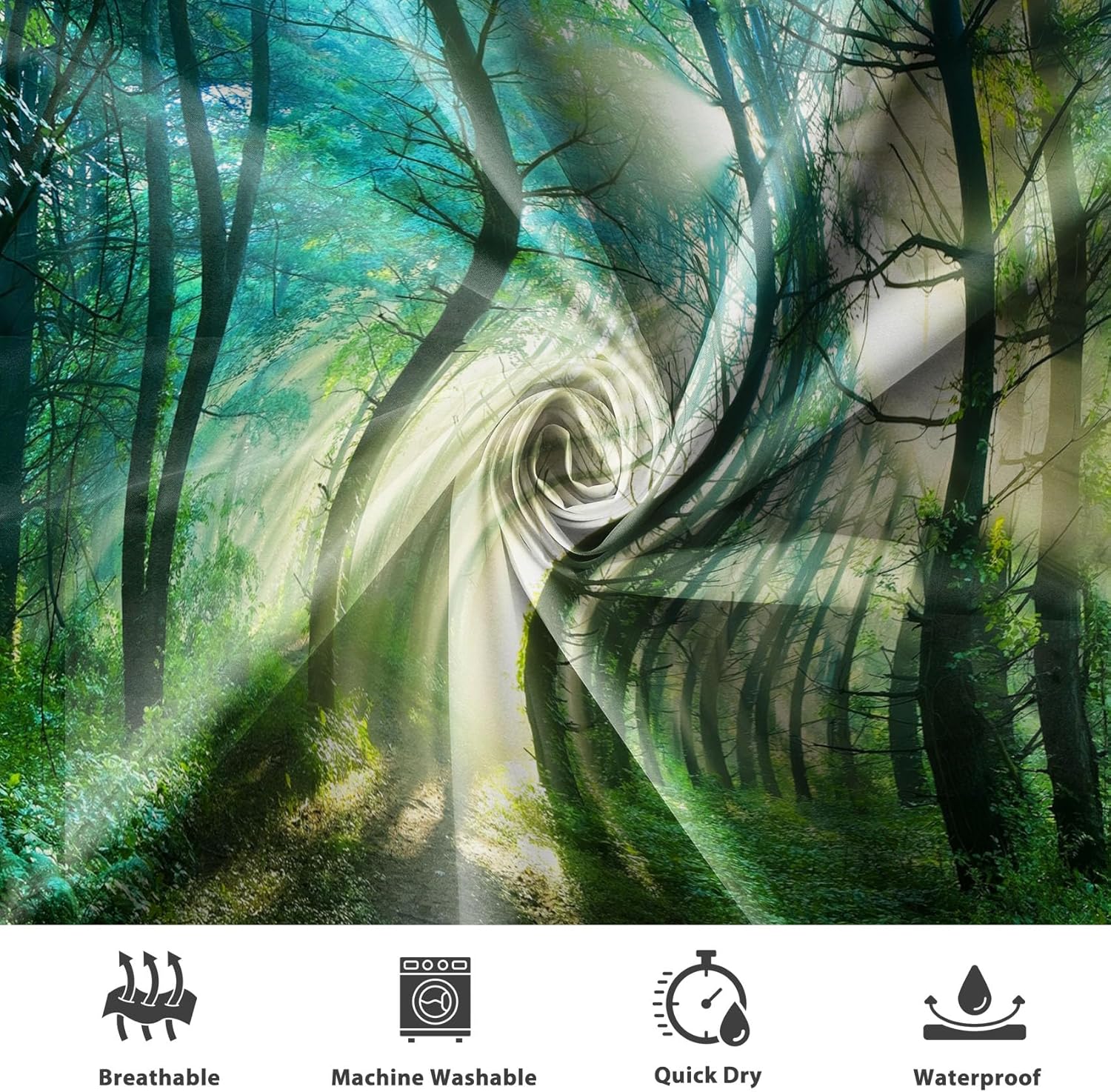 Renaiss 72x84 Inch Green Forest Shower Curtain Nature Sunshine Sunlight Through Trees Leaves Misty Natural Jungle Landscape Shower Curtain for Bathroom Decor Set Polyester Waterproof with Hooks