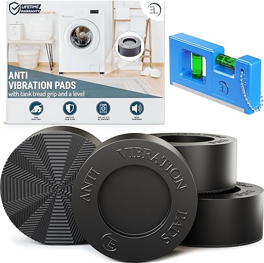 Anti Vibration Pads for Washing Machine - 4 Pads with Tank Tread Grip + Level - Washer Dryer Pedestals Fits All Machines - Noise Dampening, Protects Laundry Room Floor - Washing Machine Support