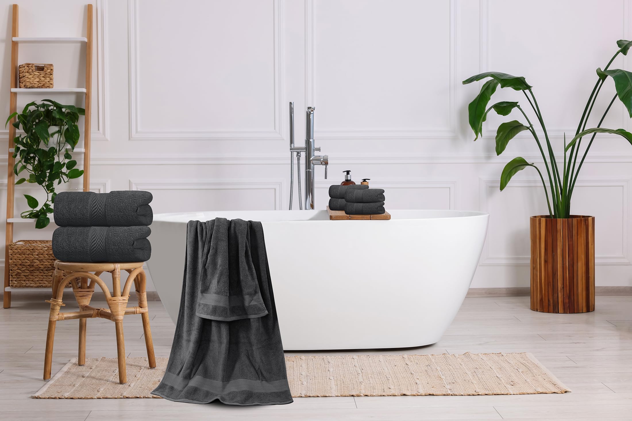 Oakias Juego de 8 toallas de color gris oscuro de 600 g/m², 2 toallas de baño, 2 toallas de mano y 4 paños de baño, altamente absorbentes