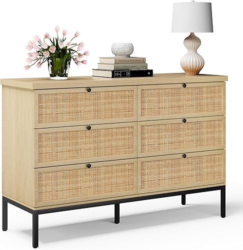 Miniatura 7 de Cómoda moderna de ratán de 4 cajones para dormitorio, cómoda alta de madera industrial con cajones de ratán natural hechos a mano, torre de