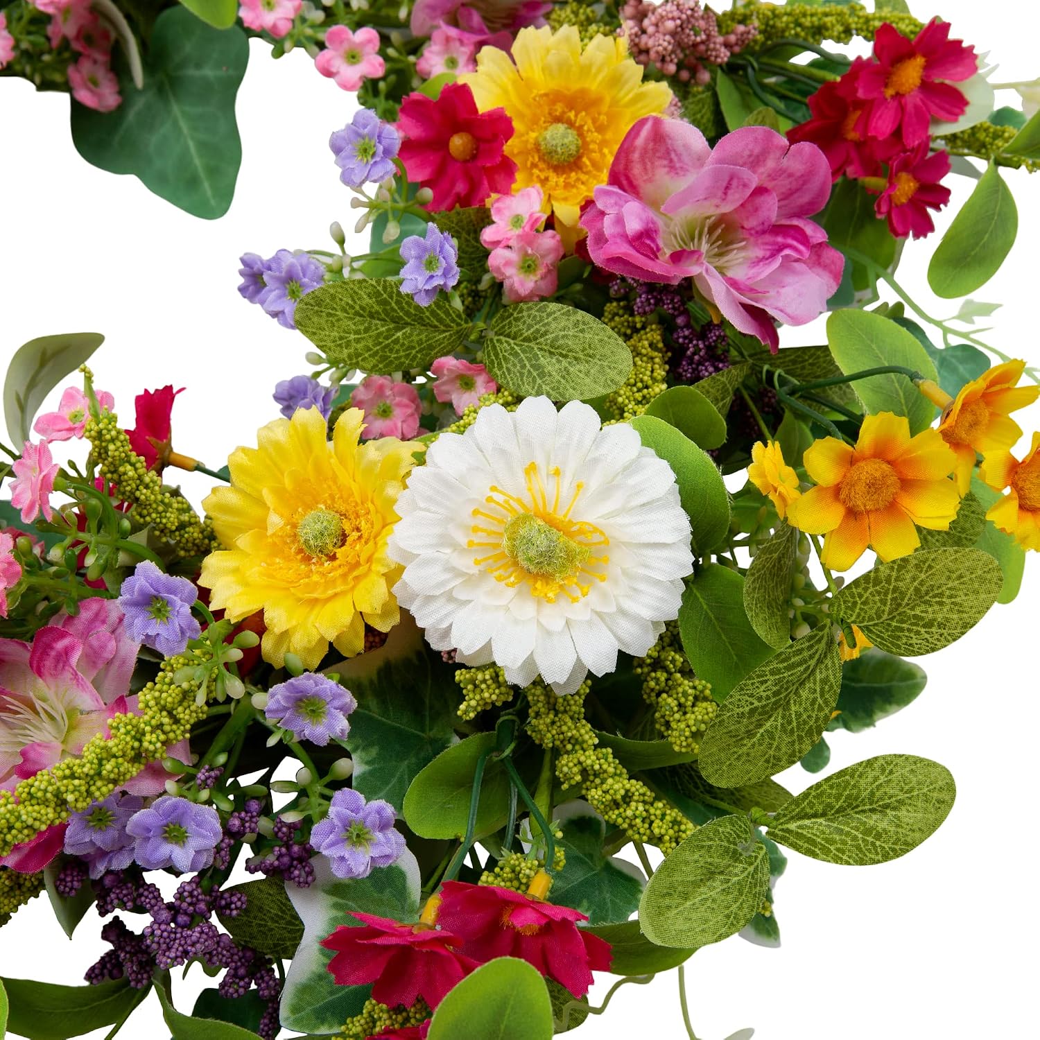 Skrantun 18 inch Spring Wreath for Front Door Artificial Flower Wreath with Green Leaves Summer Wreath with Wildflowers for Wall Window and Farmhouse Decor