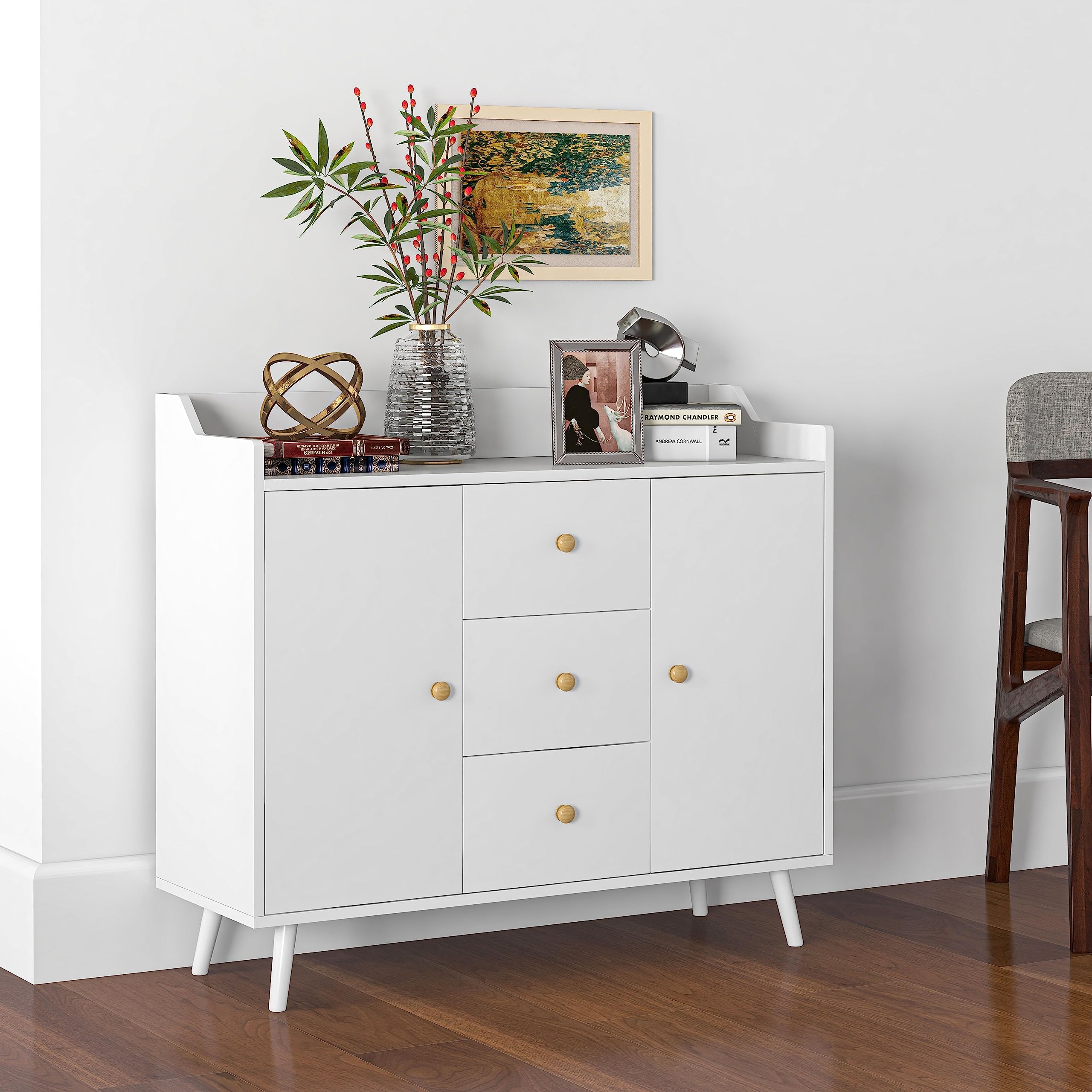 HOMCOM Aparador de Salón Moderno, Aparador de Cocina 90x32x80 cm Blanco | 2 Puertas, 3 Cajones, Patas de Madera de Pino, para Entrada Comedor Pasillo Dormitorio