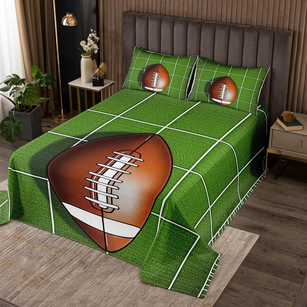 Castle Fairy Rugby Coverlet Set Twin Size,Soccer Field Sports Games Quilted Coverlet for Kids Children Room,American Football Bedspread 2 Piece Quilt Set with 1 Pillow Sham