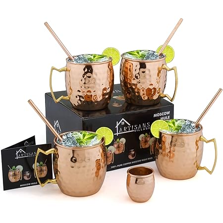 ARTISANS VILLAGE Moscow Mule Copper Mugs: Set of 4 pure copper mugs (16 oz) with 4 Copper Straws, and a Shot glass