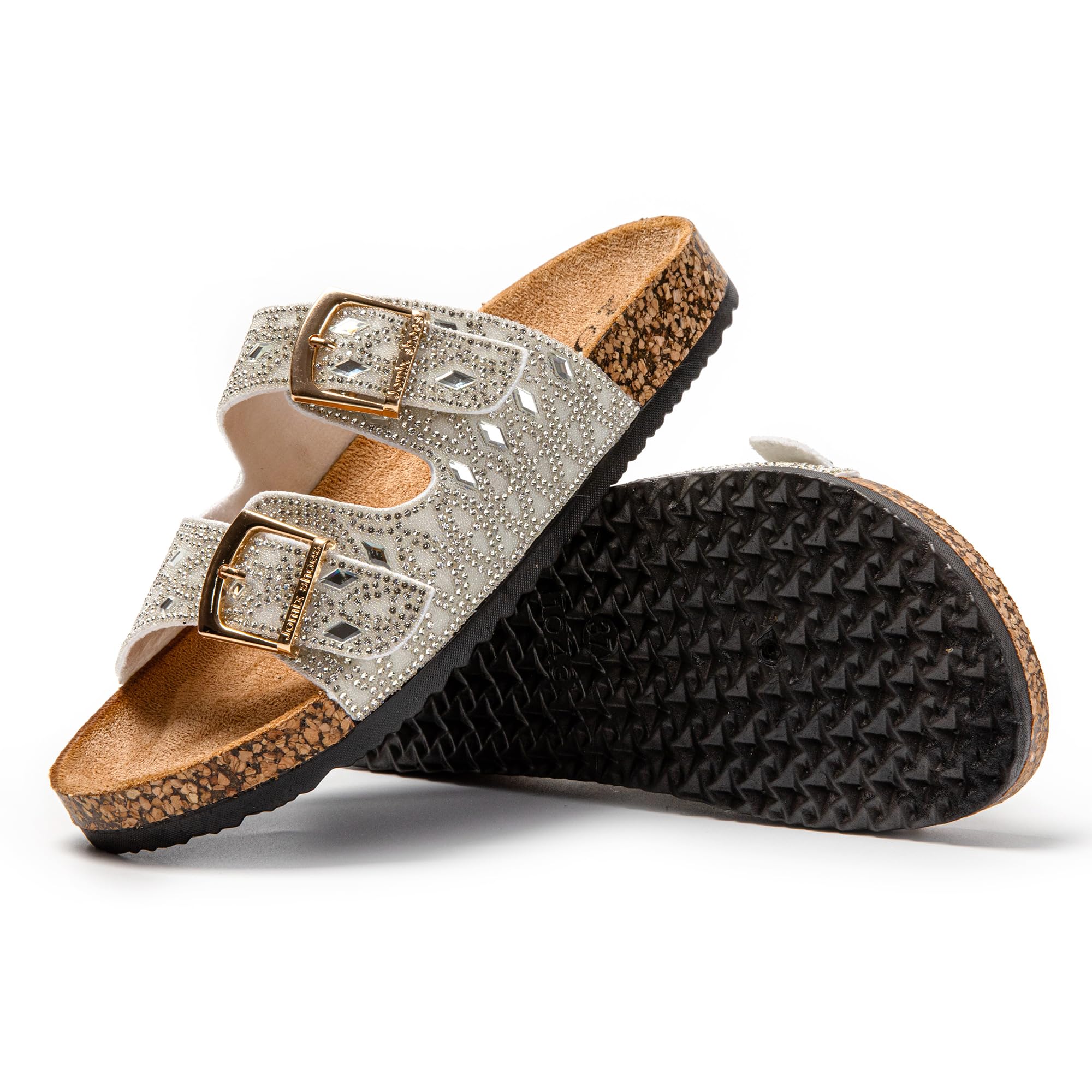 JOMIX Pantoletten Damen Glitzer Clogs Bohemian Bunte Sandalen mit Strass Plateau Bequeme Strand Kork Schuhe