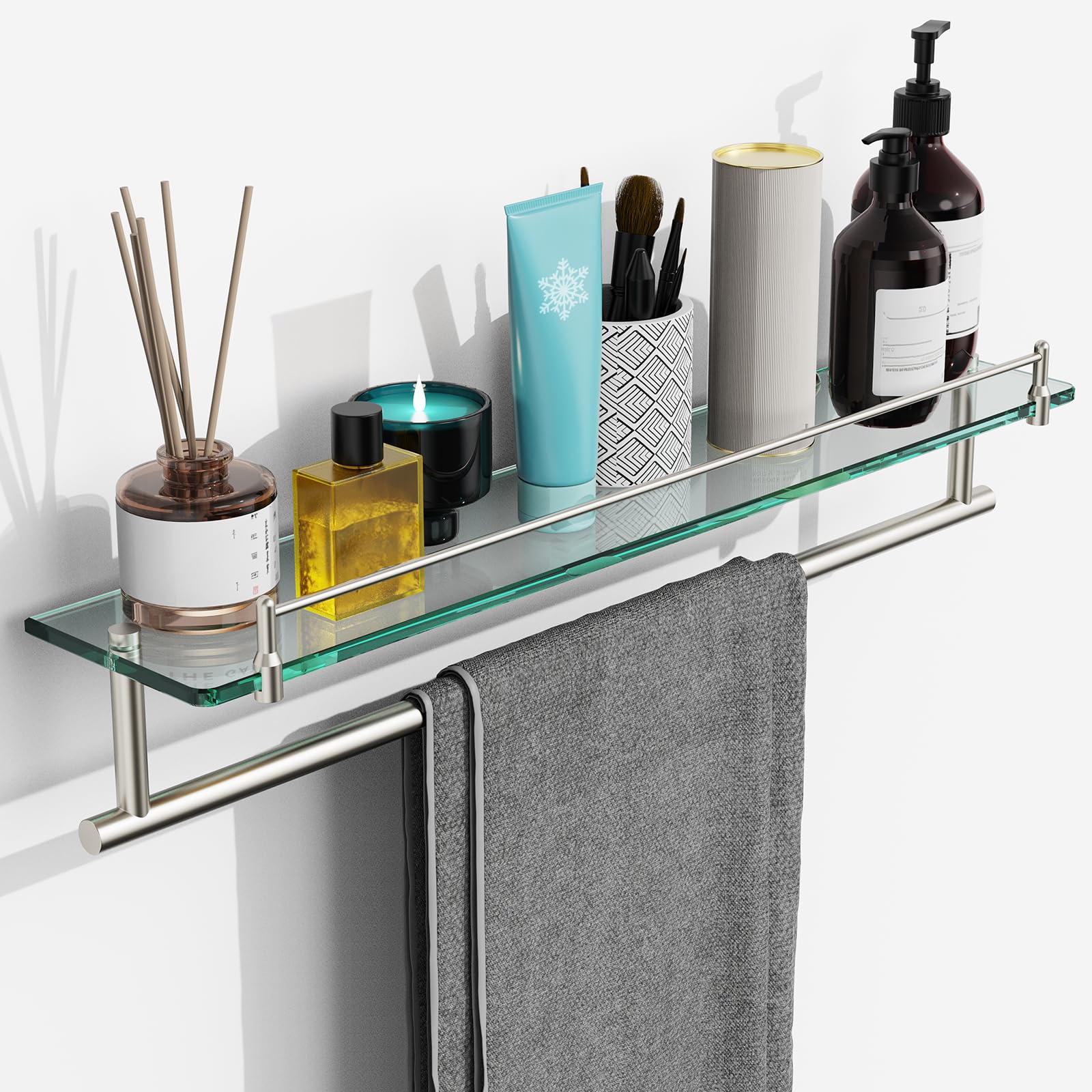 KOCOK 24-Inch Tempered Glass Bathroom Shelf with Towel Bar - Brushed Nickel Towel Holder Modern SUS304 Stainless Steel, Wall Mount Towel Hanger