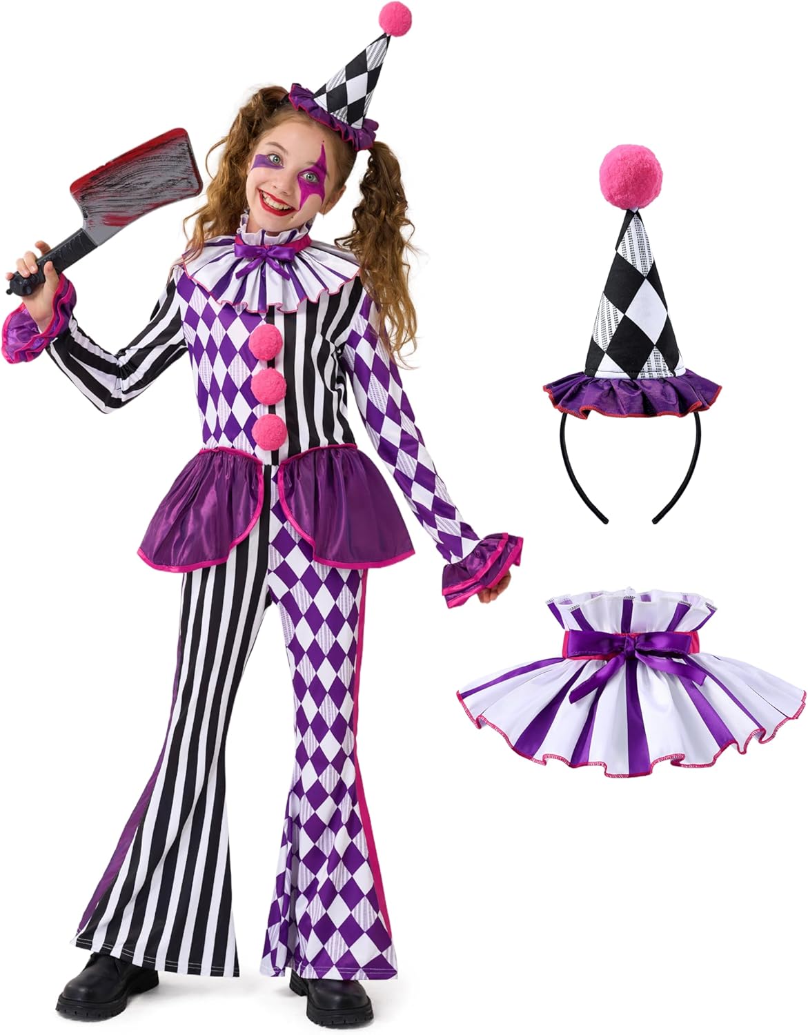 Spooktacular Creations Halloween Clown Costume for Girls, Jester Clown Costume for Kids, Halloween Role Play & Dress Up X-Large ( 11 - 12 yrs)