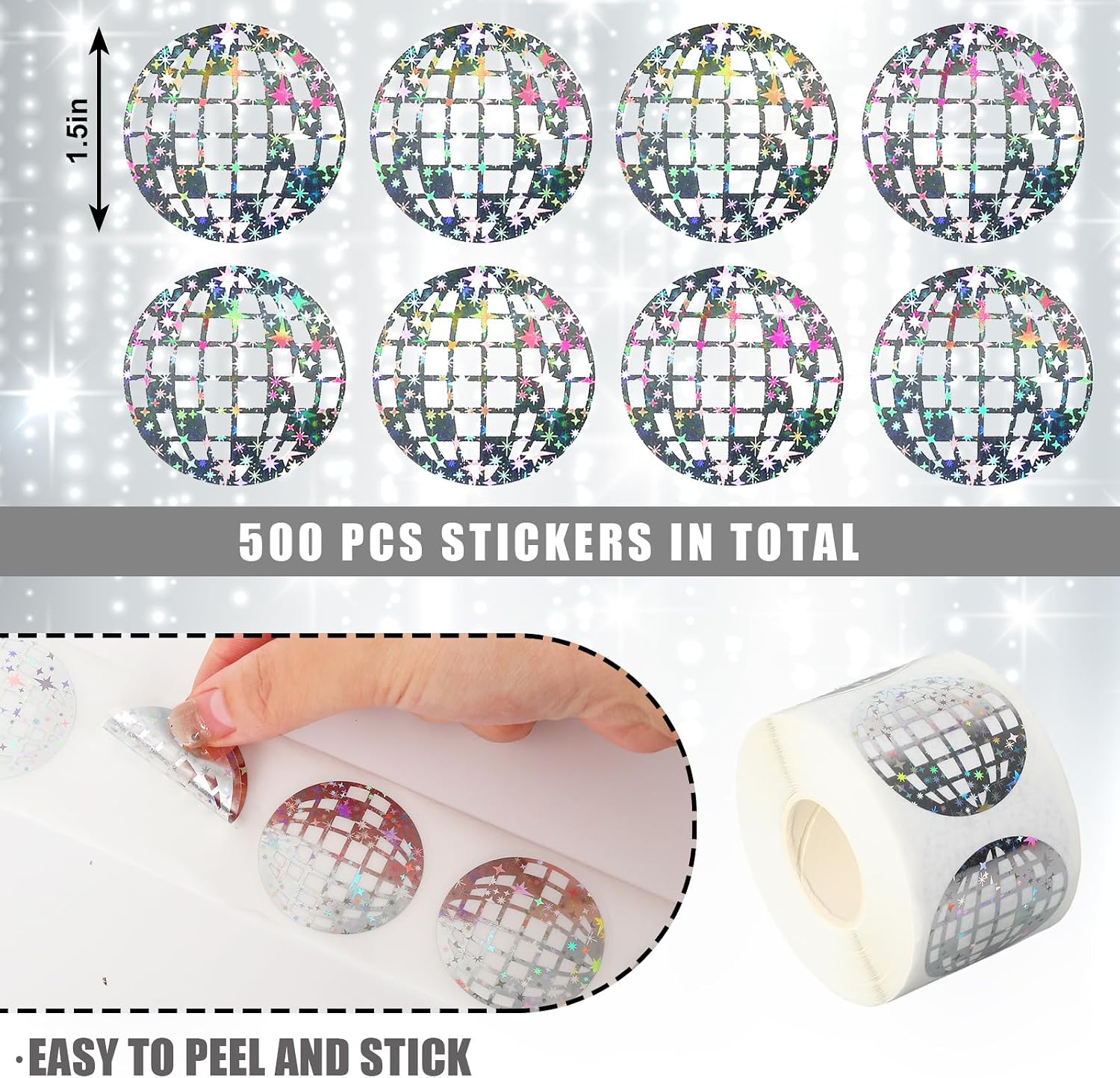 FYSUIMU 500Pcs Holographic Disco Ball Stickers Silver Disco Ball Paper Decal Sparkly Retro Sticker Label for 70s 80s Party Envelope Scrapbook DIY Supplies, 1.5 in