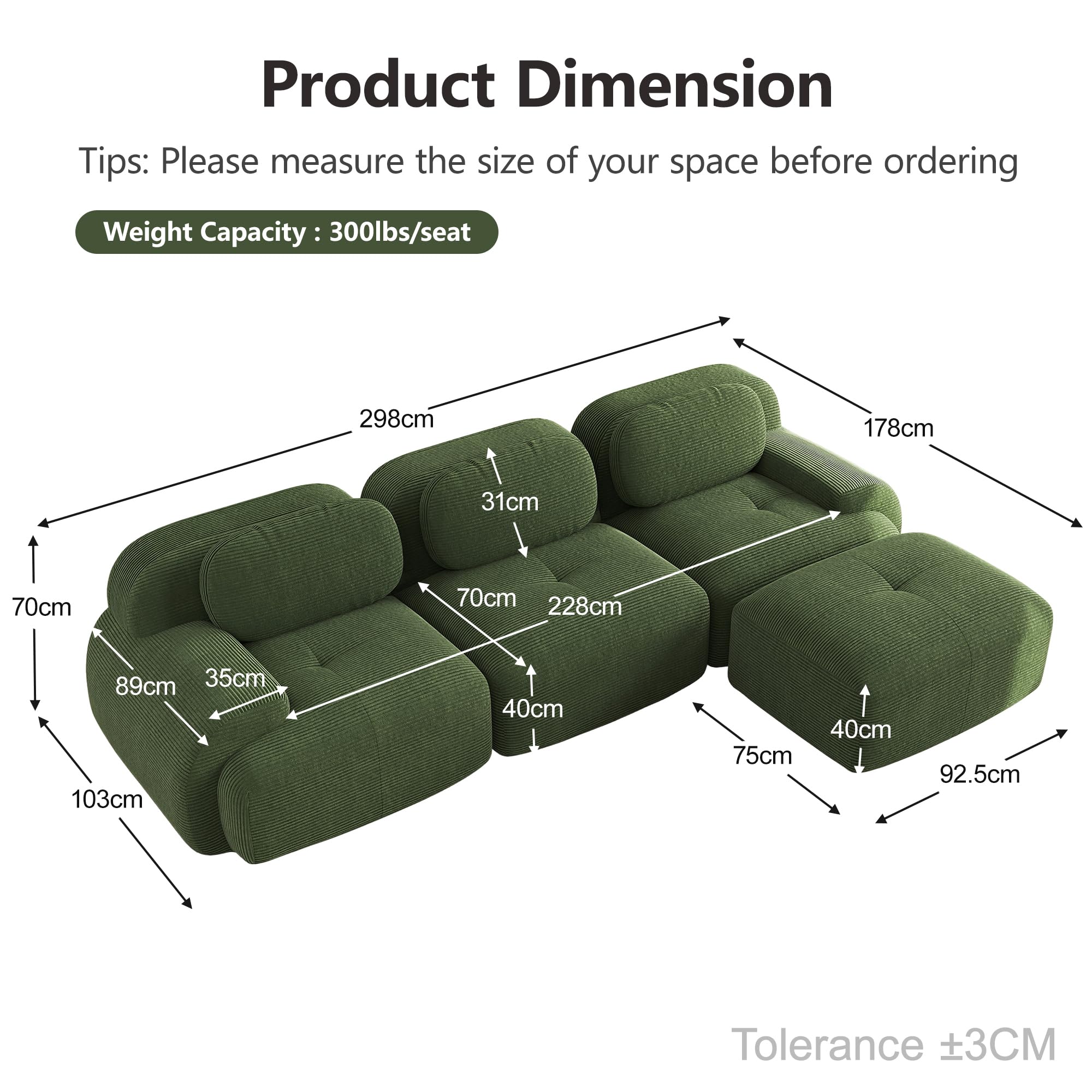 Bladez Sofá moderno de cuerda de 3 plazas Modular sofá esquinero en forma de L con puf Otomano, Sin montaje, sofá Cloud combinable, para salón (Verde, 3 plazas+1)
