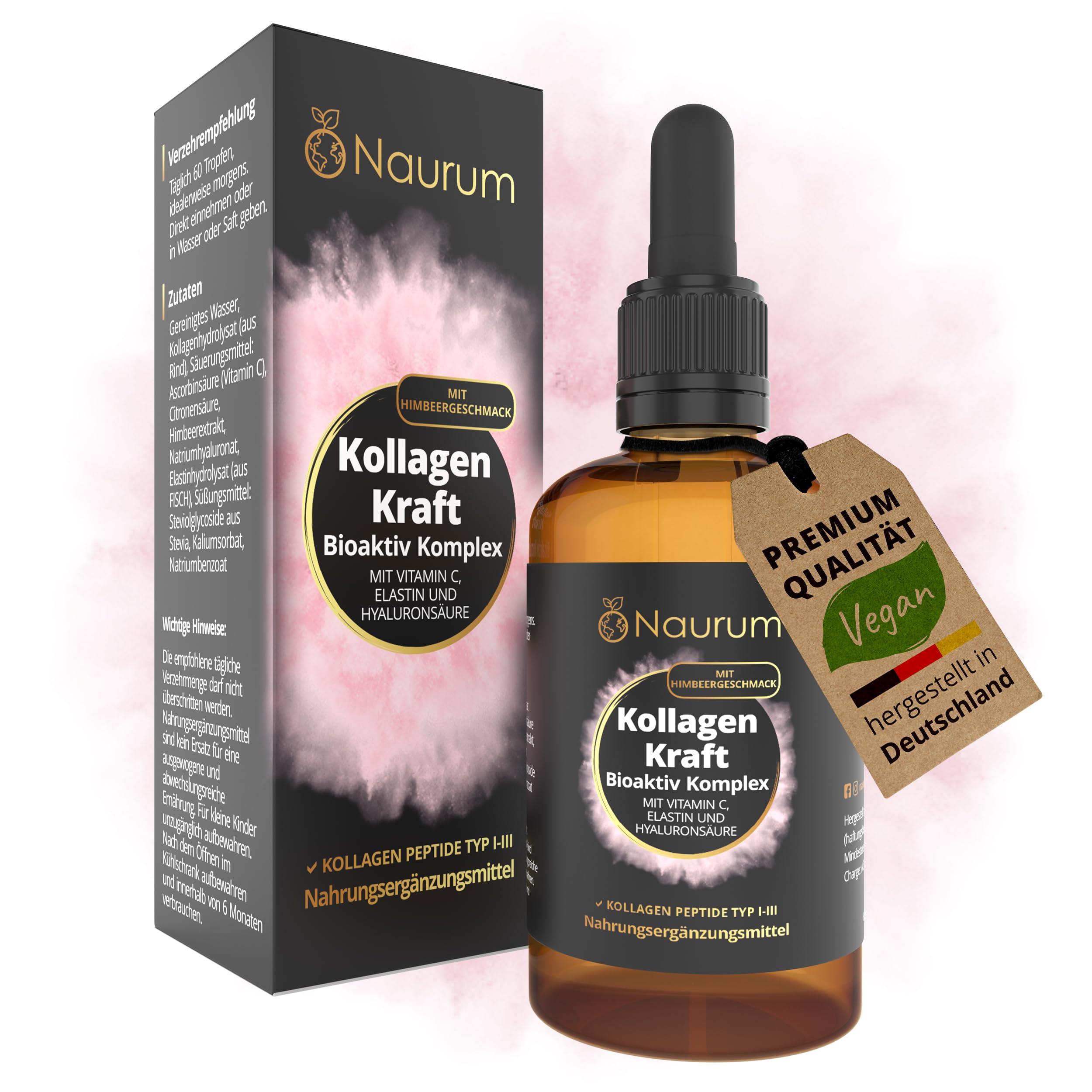 Naurum KollagenKraft – Bioaktiv Komplex Tropfen mit Kollagenpeptiden Typ I-III, Vitamin C, Elastin & Hyaluronsäure, für Haut, Haare & Gelenke, 2100 