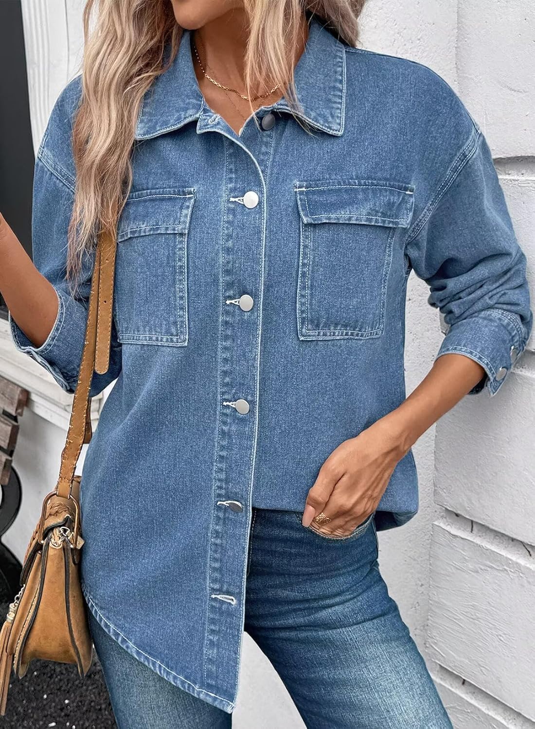 Astylish Women's Oversized Denim Button Down Shirt Chambray Beach Long Sleeve Dressy Casual Fashion Fall Outfit - Image 2