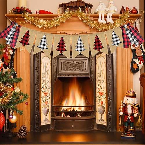 Miniatura 4 de Doumeny Pancarta de arpillera a cuadros de Navidad con diseño de búfalo para árbol de Navidad, guirnalda vintage de feliz Navidad, guirnalda de