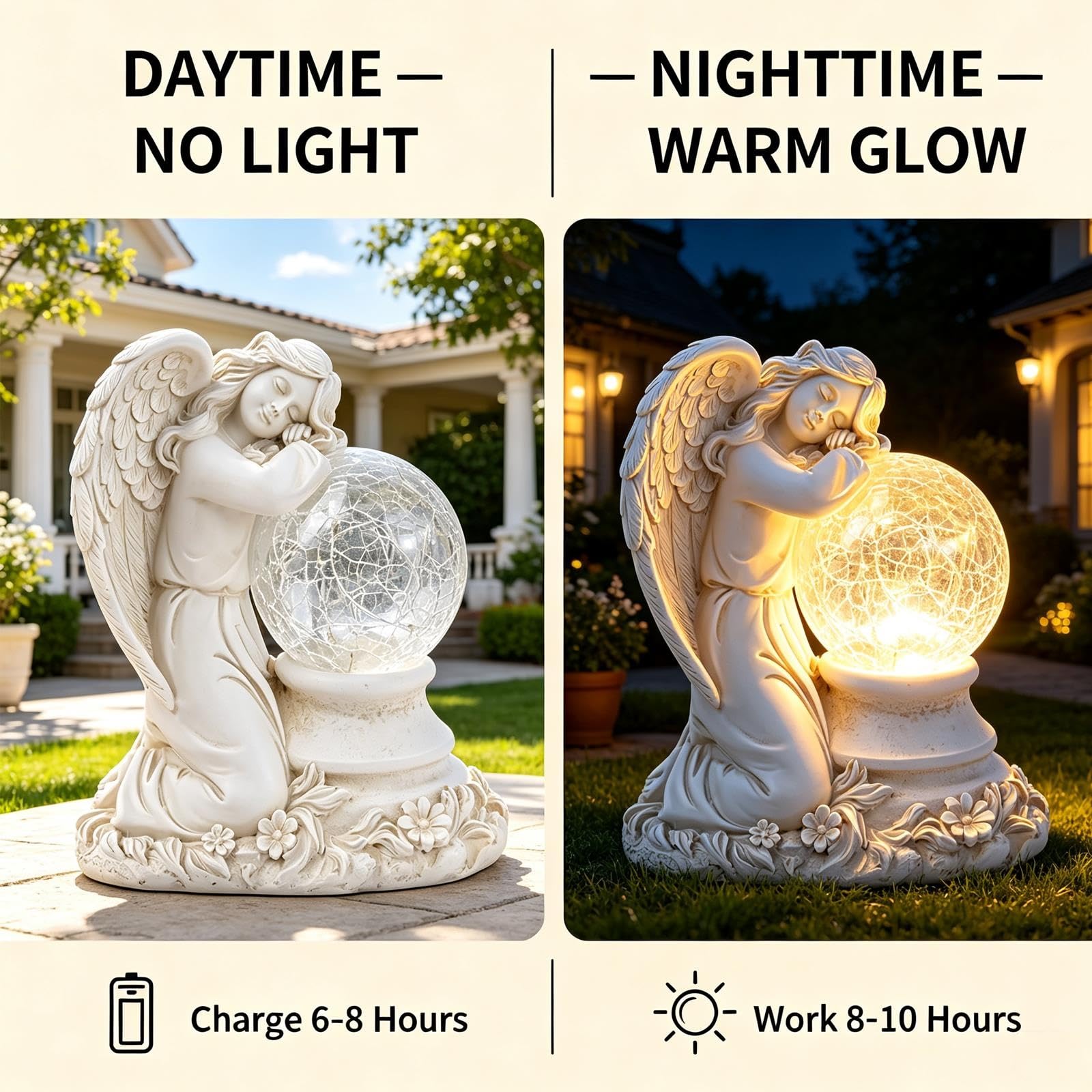 Statue da Giardino a Forma di Angelo con Sfera Vetro Crepato e Luce Solare