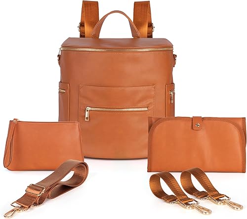 Minsong Bolsa de pañales de cuero a la moda para mujer, bolso de pañales de viaje para mamá para bebé con cambiador, correas para cochecito, Marrón,