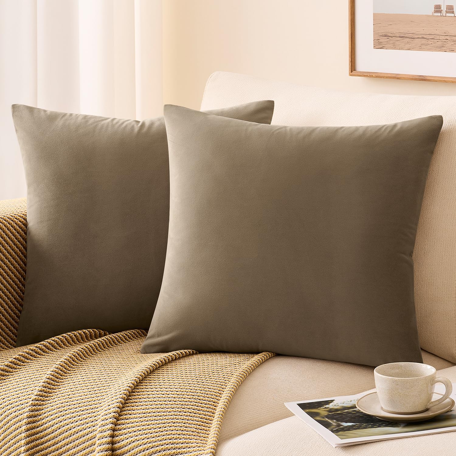 GriNeed Throw Pillow Covers Set of 2 22x22 Inch Velvet Pillow Covers, Soft Khaki Decorative Covers for Couch Sofa Bed Living Room, Neutral Farmhouse Covers, Home Boho Decor — image 1