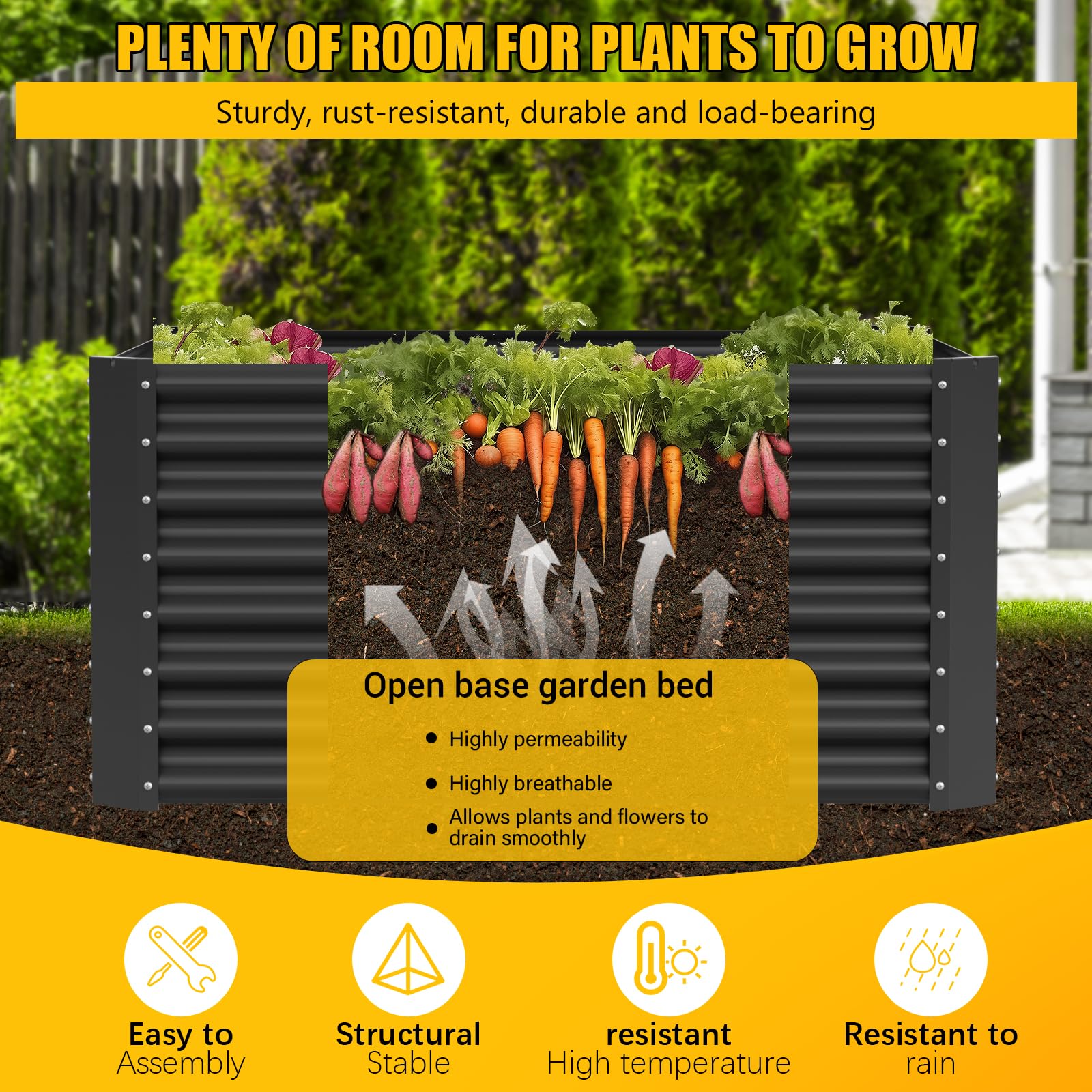 Hochbeet aus Metall, 122 x 61 x 61 cm Wetterfestes Edelstahl Gartenhochbeet, Rechteckig Stabil Erhöhtes Pflanzenbeet für Außenbereich, Gemüse, Blumen und Kräuter Anbau