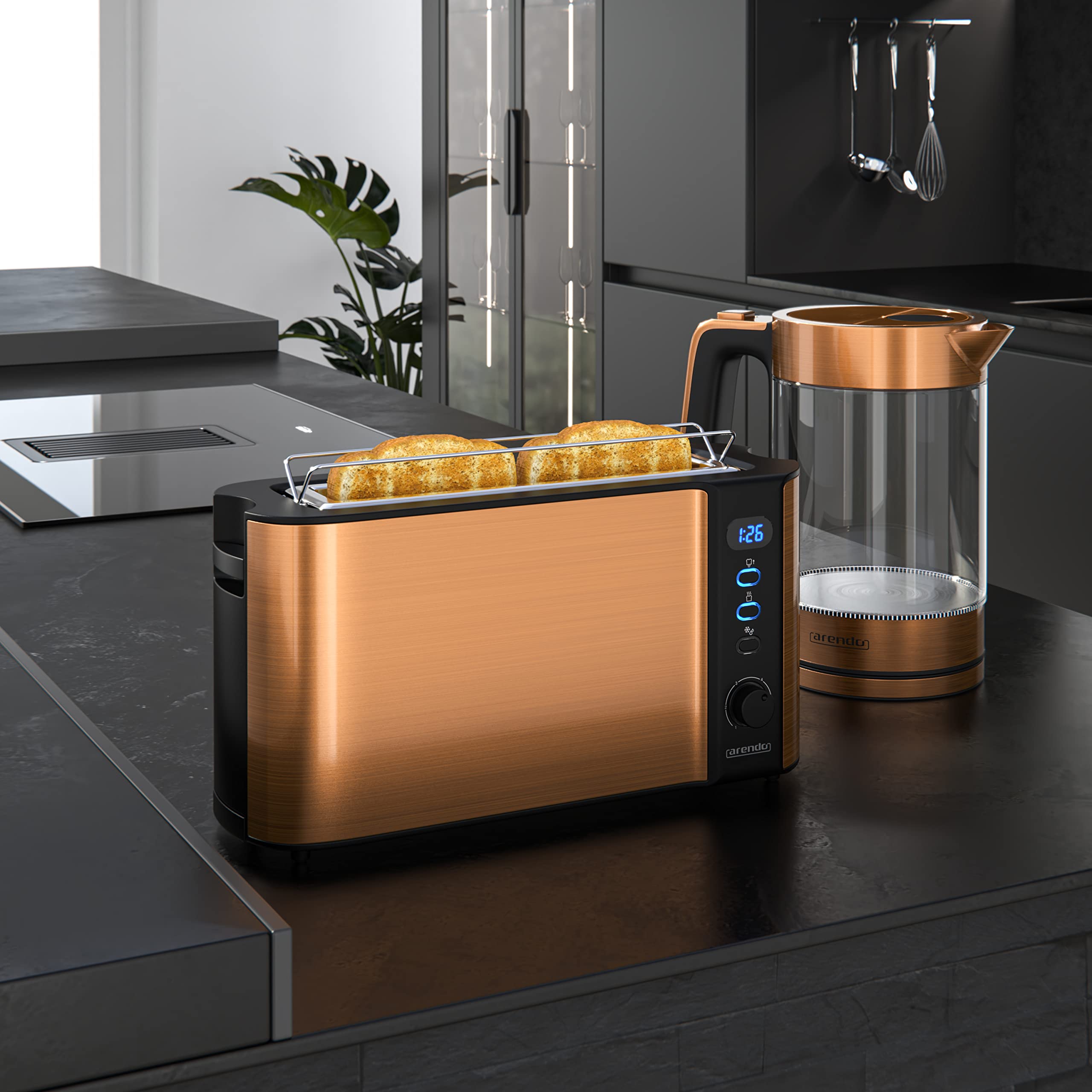 Arendo Wasserkocher Toaster SET Edelstahl Kupfer 1,7L 2200W 2 Scheiben 1000W
