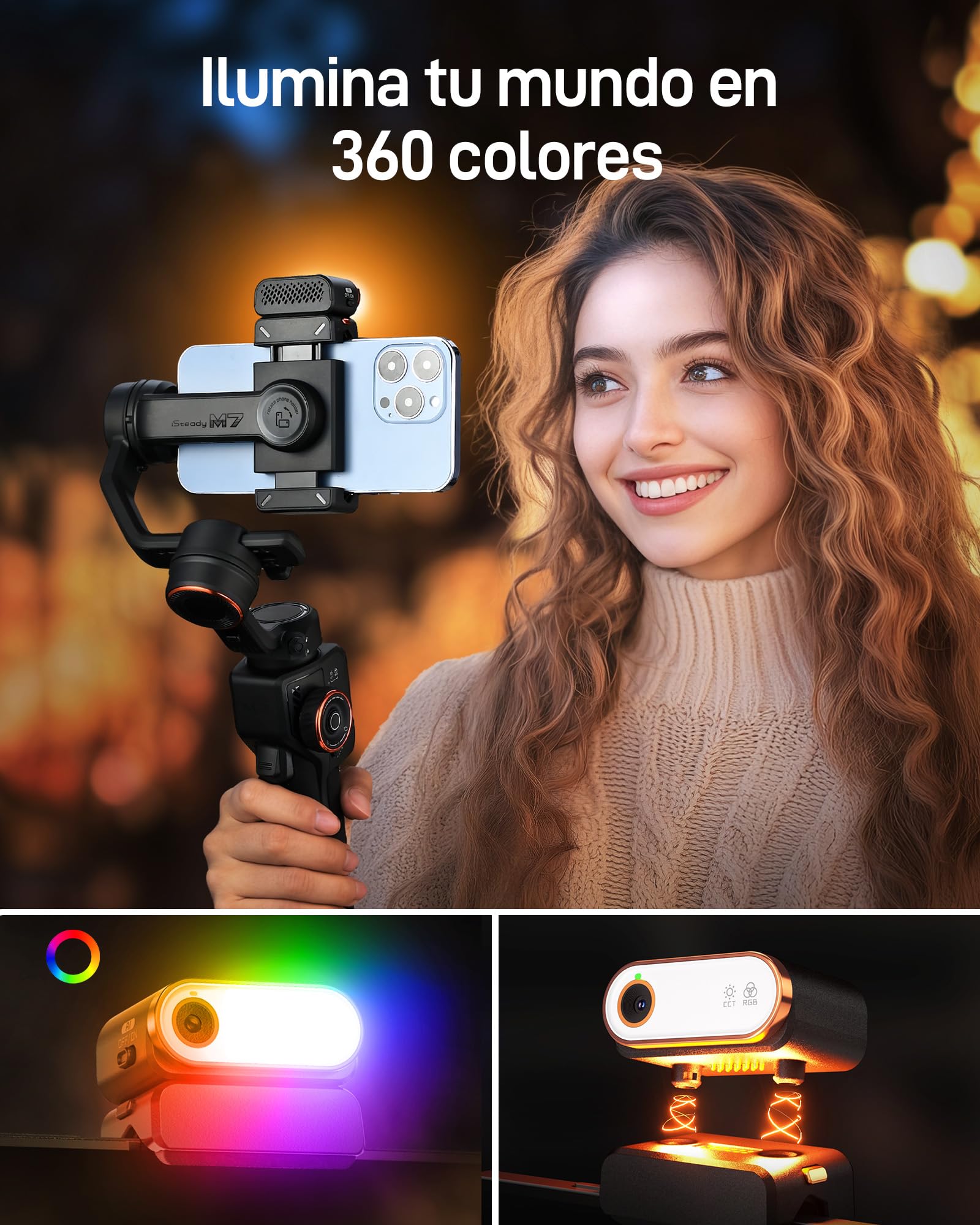 hohem iSteady M7 Gimbal Smartphone, Estabilizador de Cardán para teléfono con Seguimiento AI, Control Remoto táctil Desmontable 1,4", Barra Extensible integrada, luz de Relleno, para Video, Youtube
