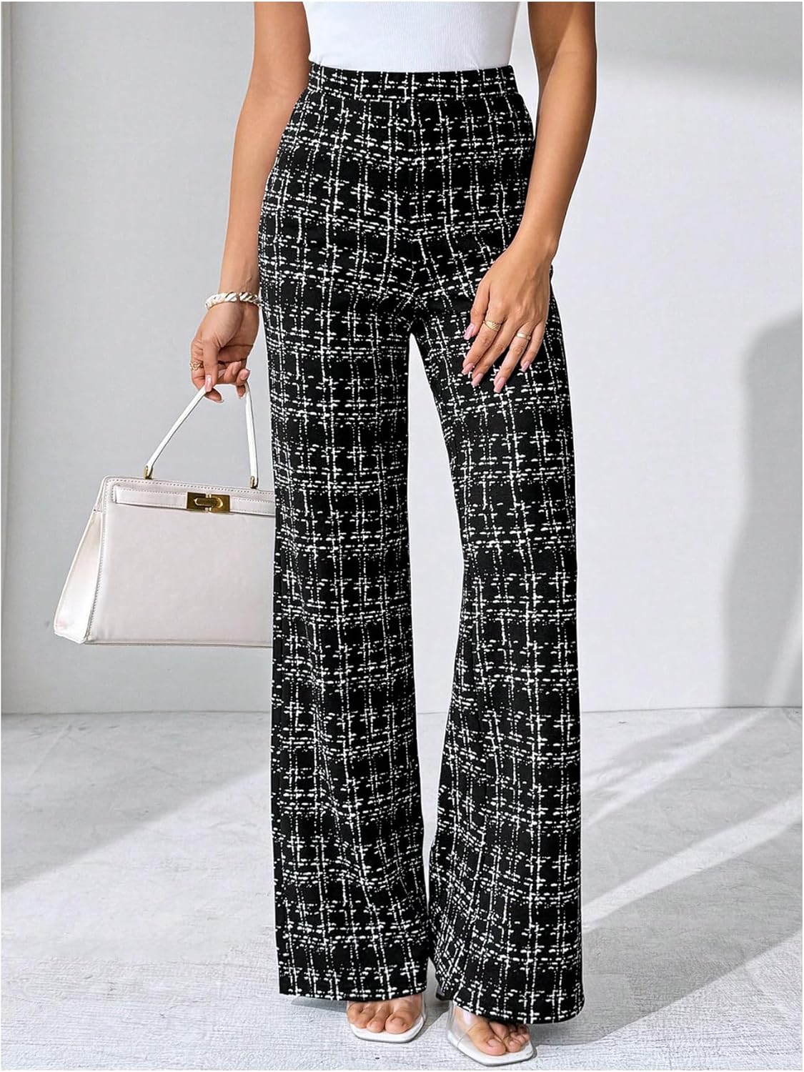 Women's Plus Size Plaid Print Tweed Pants High Waisted Straight Leg Elegant Long Trousers - Image 4
