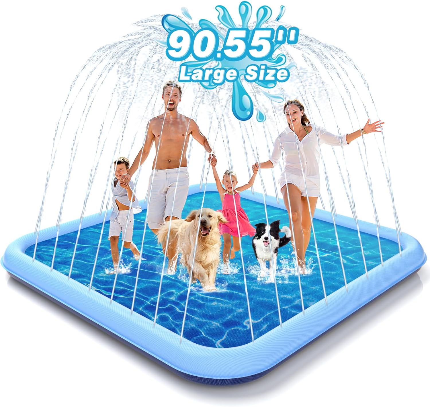 EPN Splash Pad, 127"- 90.5" Size Extra Large Sprinkler Play Mat for Dogs & Kids, Thicker Wading Pool Summer Outdoor Water Toys, Fun Backyard Fountain Play Pad for 3 Age+ Girls Boys Children & Pets