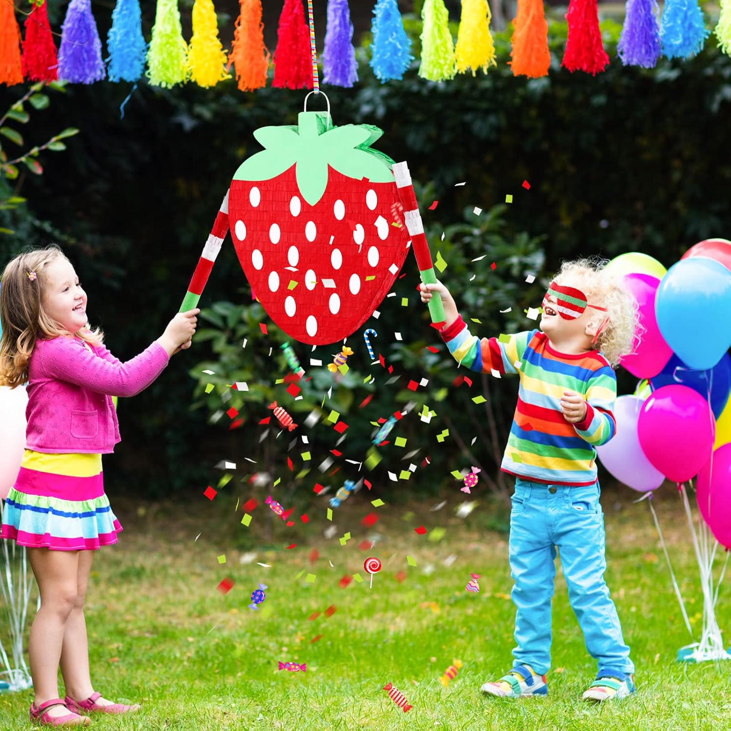 Red Strawberry Piñata for Kids Strawberry Birthday Party Decorations Baby Shower Pinata Summer Fruit Animal Themed Party Game Supplies with Blindfold Bat Confetti, 12.6 x 11.8 x 2.4 Inches