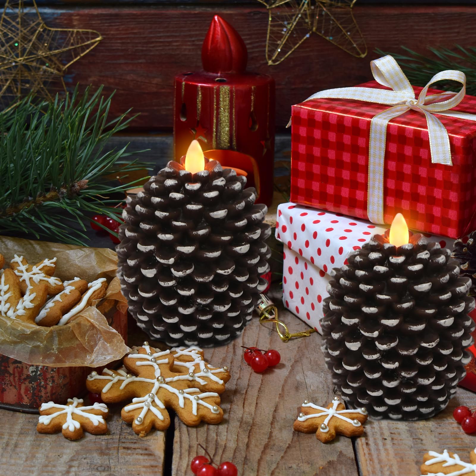 Wondise Candele senza fiamma con timer 6H, stoppino tremolante a batteria, candele in vera cera a forma di pigna, per decorazione di interni e festività, set di 2, marroni (8,9 x 11,9 cm)