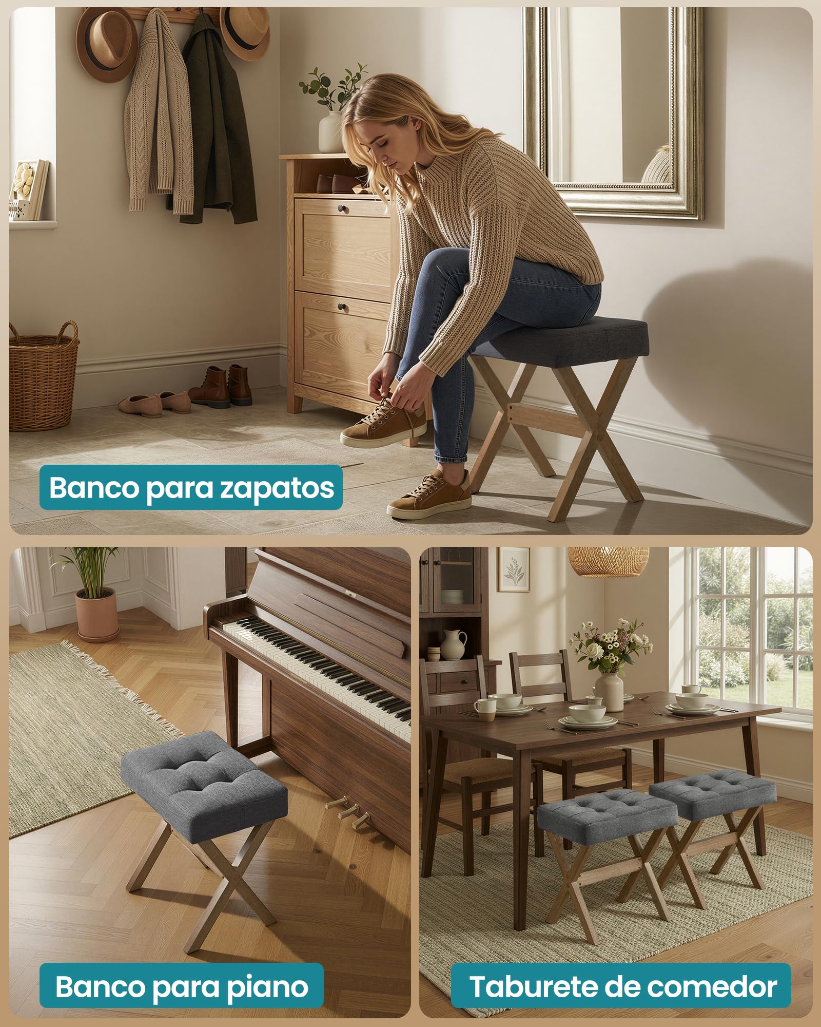 SONGMICS Taburete Tocador Acolchado Reposapiés 32x42x46 cm Gris Pizarra Marrón