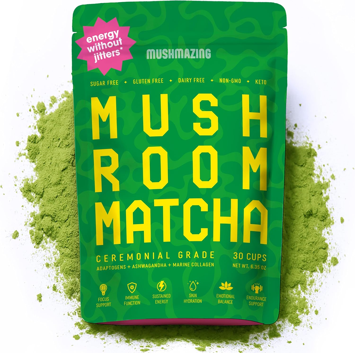 Mushroom Matcha + Lions Mane, Ashwagandha, Collagen – Clean Energy & Focus – Ceremonial Grade Macha Green Tea with 5 Mushrooms Powder – 30 Servings