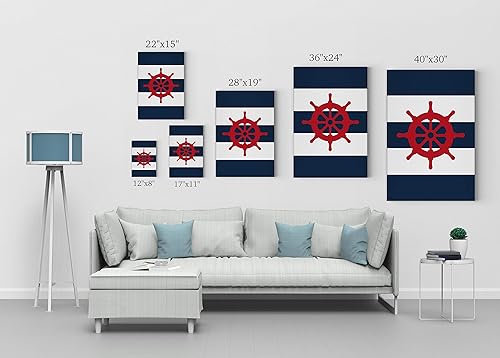 Vista 5 de Smile Art Design Lienzo decorativo náutico a rayas rojas, azul marino y blanco, impresión artística para pared, baño, oficina, sala de estar