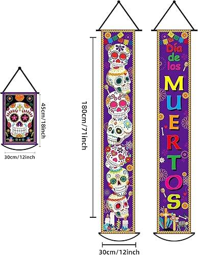 Miniatura 2 de Juego de 3 pancartas de decoración del Día de los Muertos para fiesta mexicana, decoración del Día de los Muertos, letrero de porche, bandera