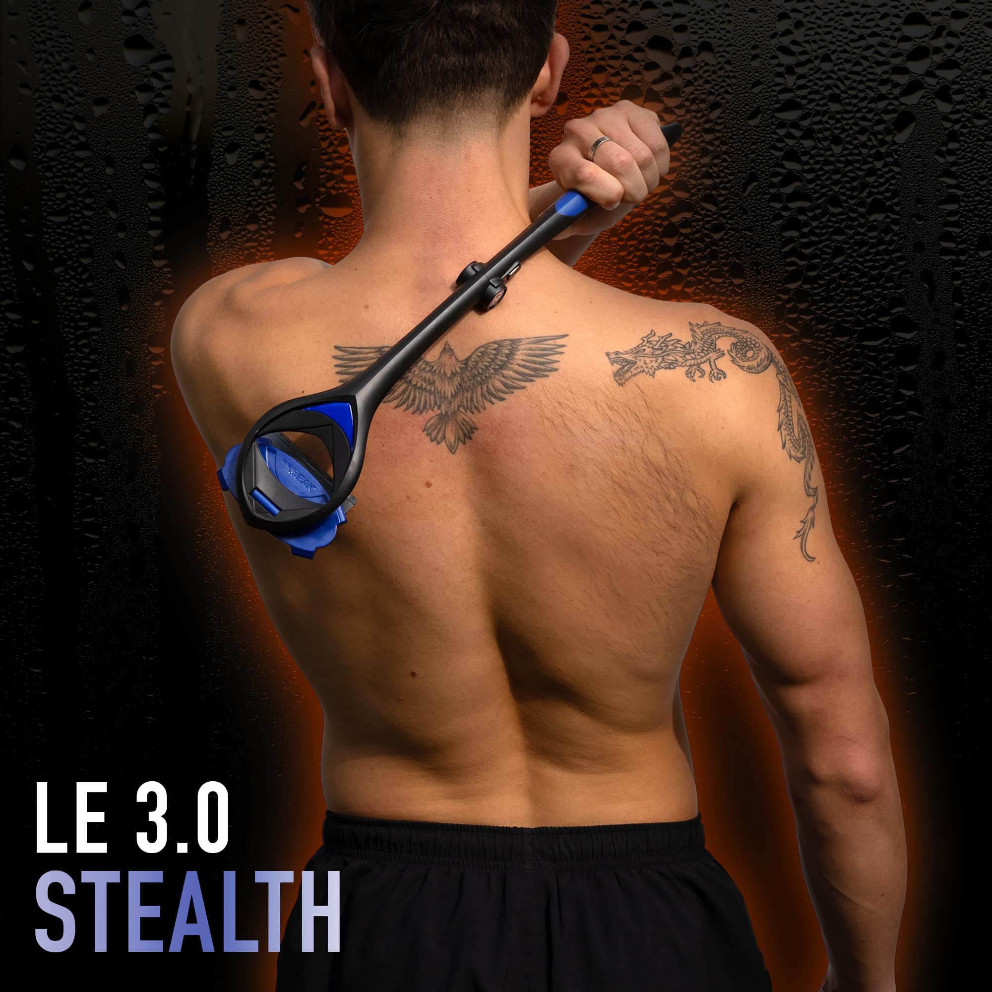 BakBlade 3.0 Stealth Rasoir Dorsal À Long Manche, Double Prise | Manche Ergonomique De 58 Cm, Brosse Exfoliante Incluse, 3 Rangées De Lames, Rasage Sec Ou Humide, Lames Dryglide
