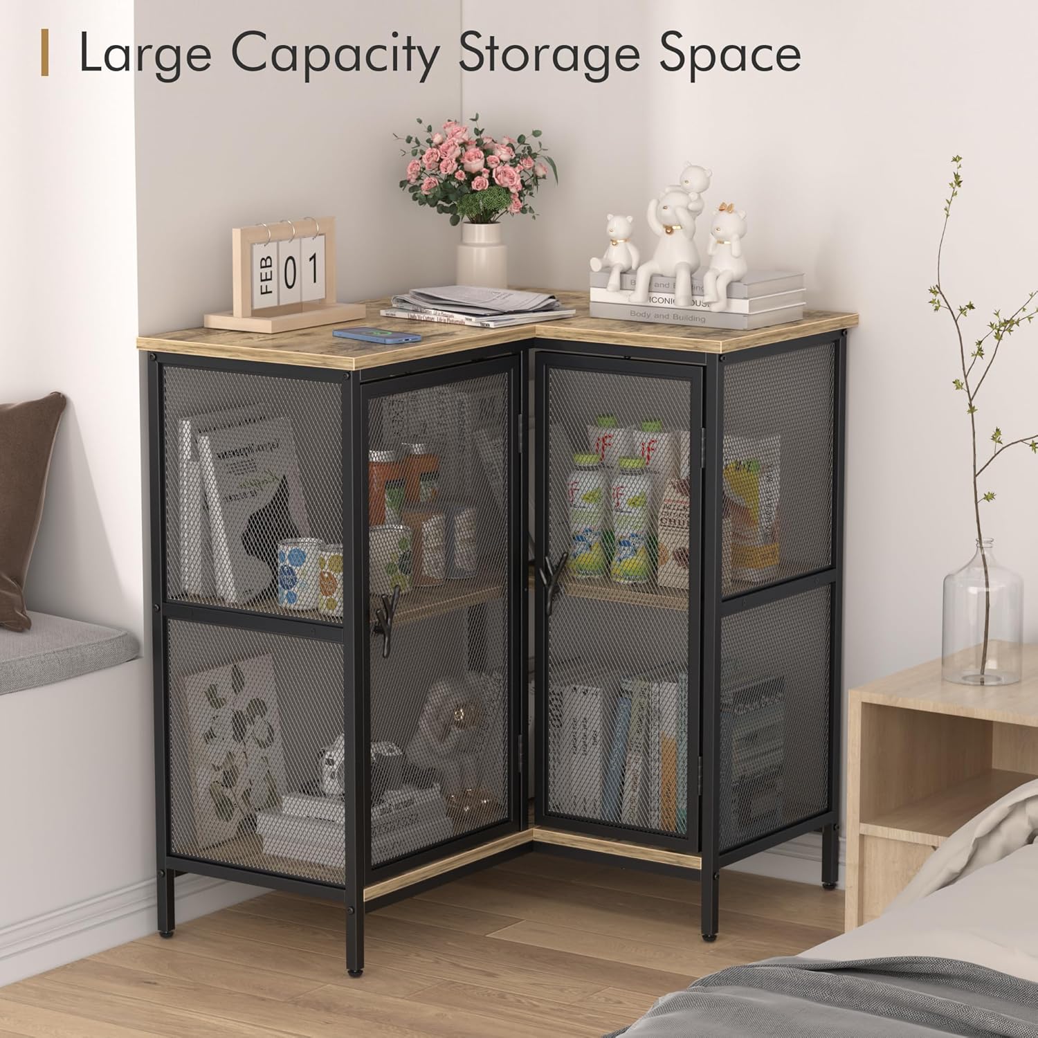 VECELO 3 Tier Corner Cabinet with Doors and Storage Shelves, Industrial TV Stand Multipurpose Free-Standing Table, for Small Space Living Room Home Office Kitchen, Oak Grey
