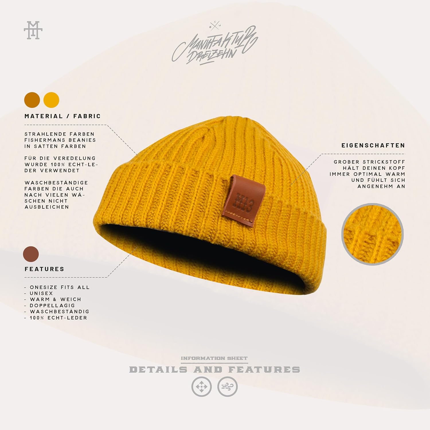 Fishermans Beanie Hat Fishermans Hat Knitted Hat (Manufaktur13/M13) One Size Mustard