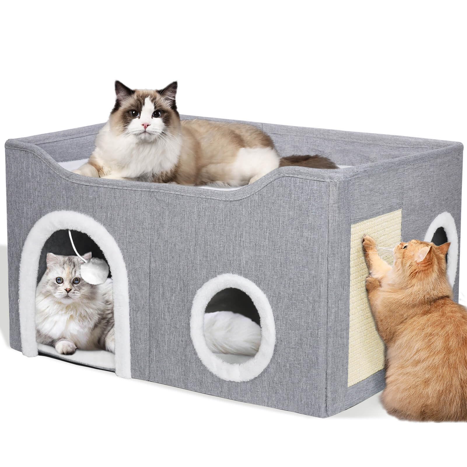 Foldable Cat House, 2-Layer Large Soft Cat Bed Cave Cube with Scratching Board, Hideaway and Fluffy Ball, Grey