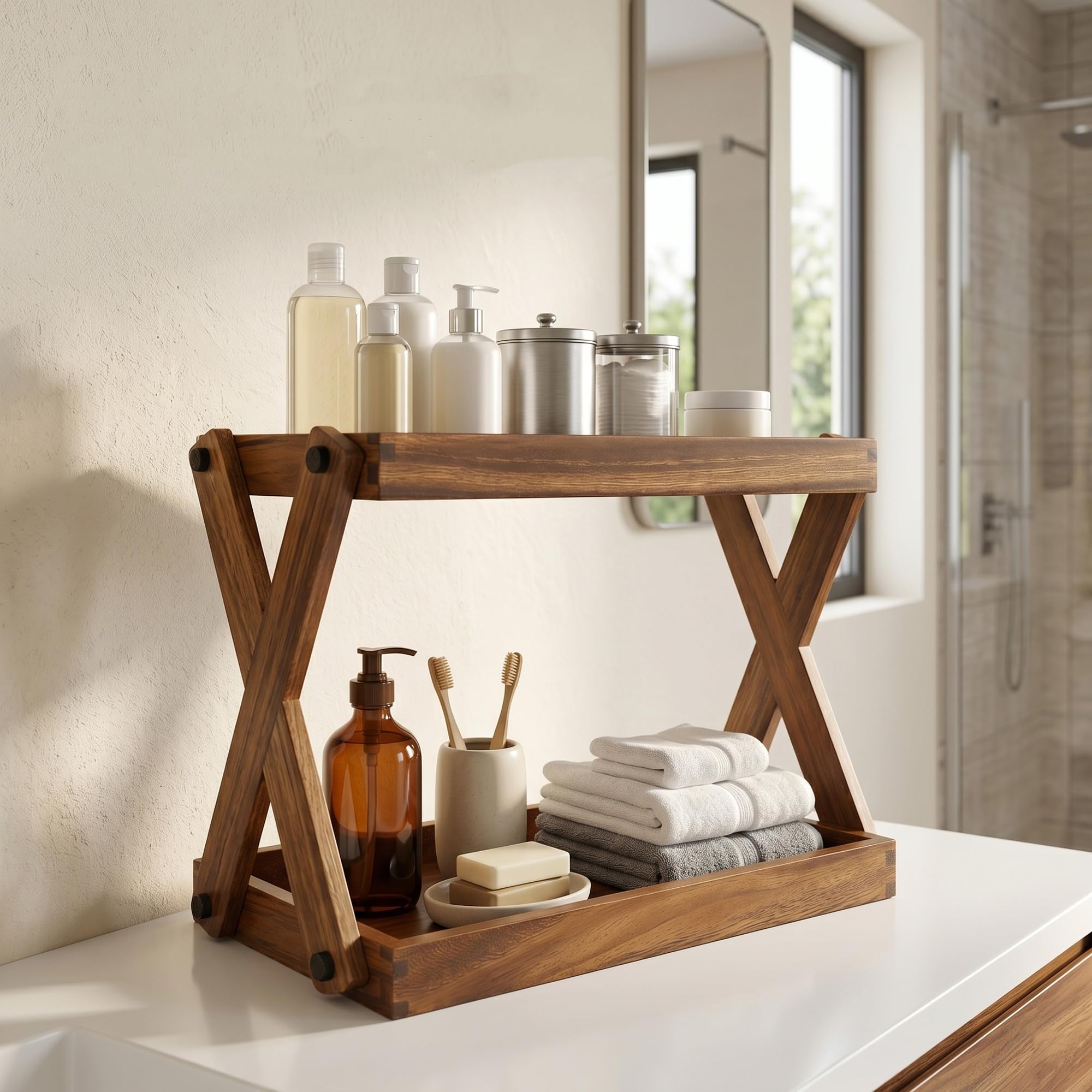 Organizador de madera para encimera, estante de madera de 2 niveles para accesorios de barra de café, organizador de especias de cocina, organizador de almacenamiento de condimentos para el