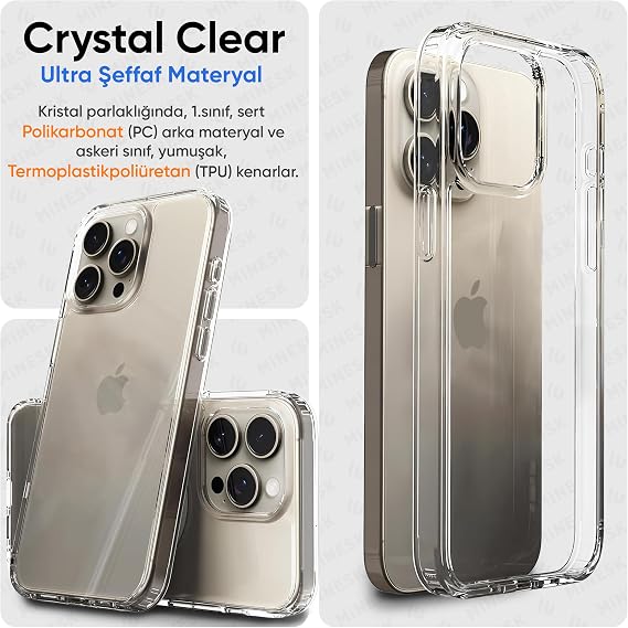 Minesk iPhone 15 Pro Max ile Uyumlu Crystal Clear (Ultra Şeffaf Silikon) Kılıf Arkası Sert Polikarbonat Kenarları Yumuşak TPU Darbe Emici iç Hava Yastığı Destekli Kapak (15 Pro Max)