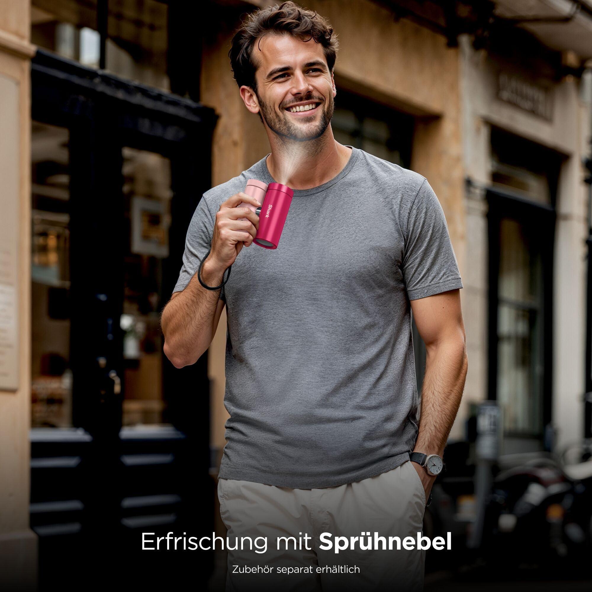 Shark ChillPill 3-in-1-Hochgeschwindigkeits-Handventilator-, Sprühnebel- und InstaChill-System, mit 3 Kühlaufsätzen, reisefreundliches Design, Dragon Fruit FA022EUPK