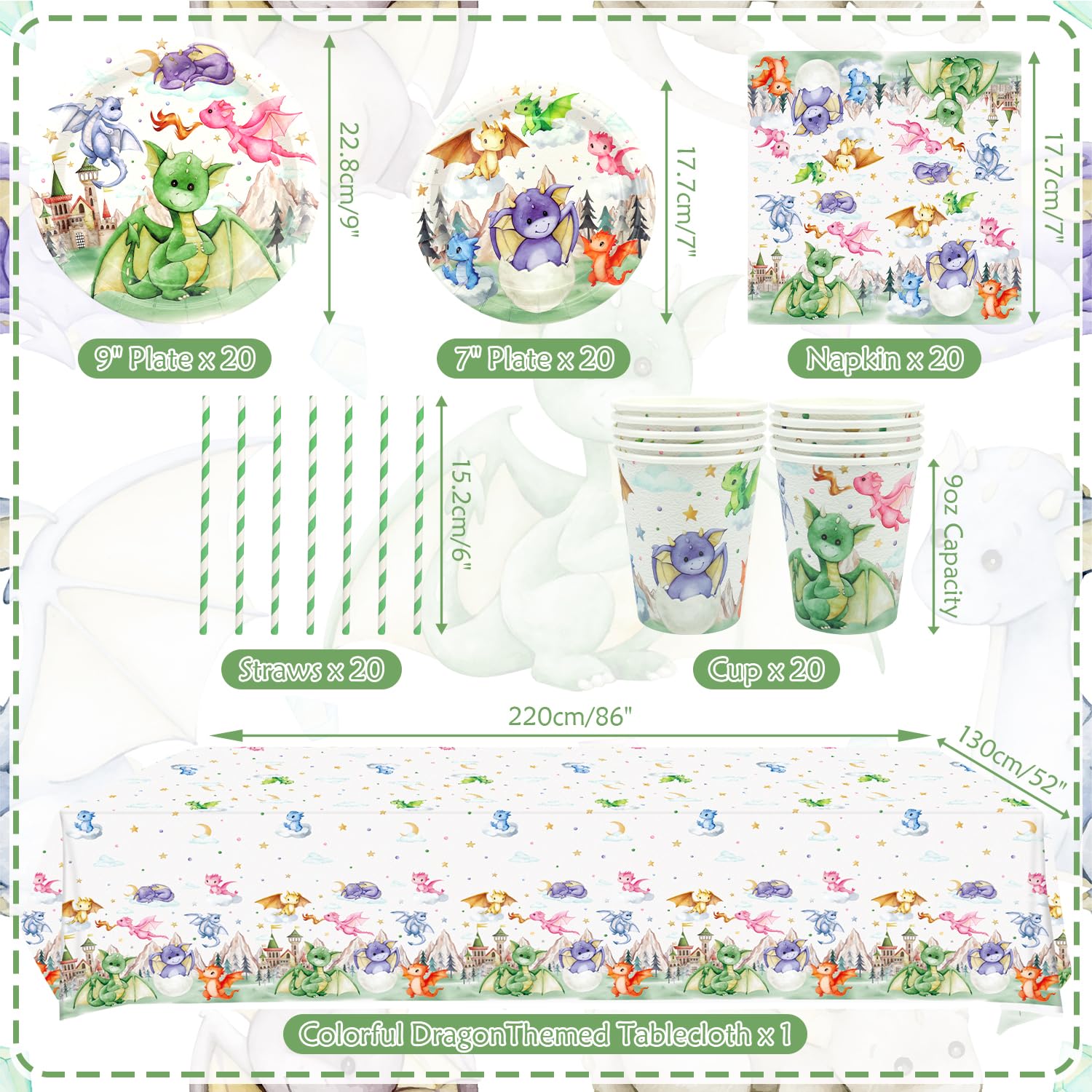 Suministros de fiesta de cumpleaños de dragón, incluyendo platos, tazas, servilletas, mantel, popotes, para decoración de fiesta de cumpleaños de niños y niñas, sirve para 20 invitados