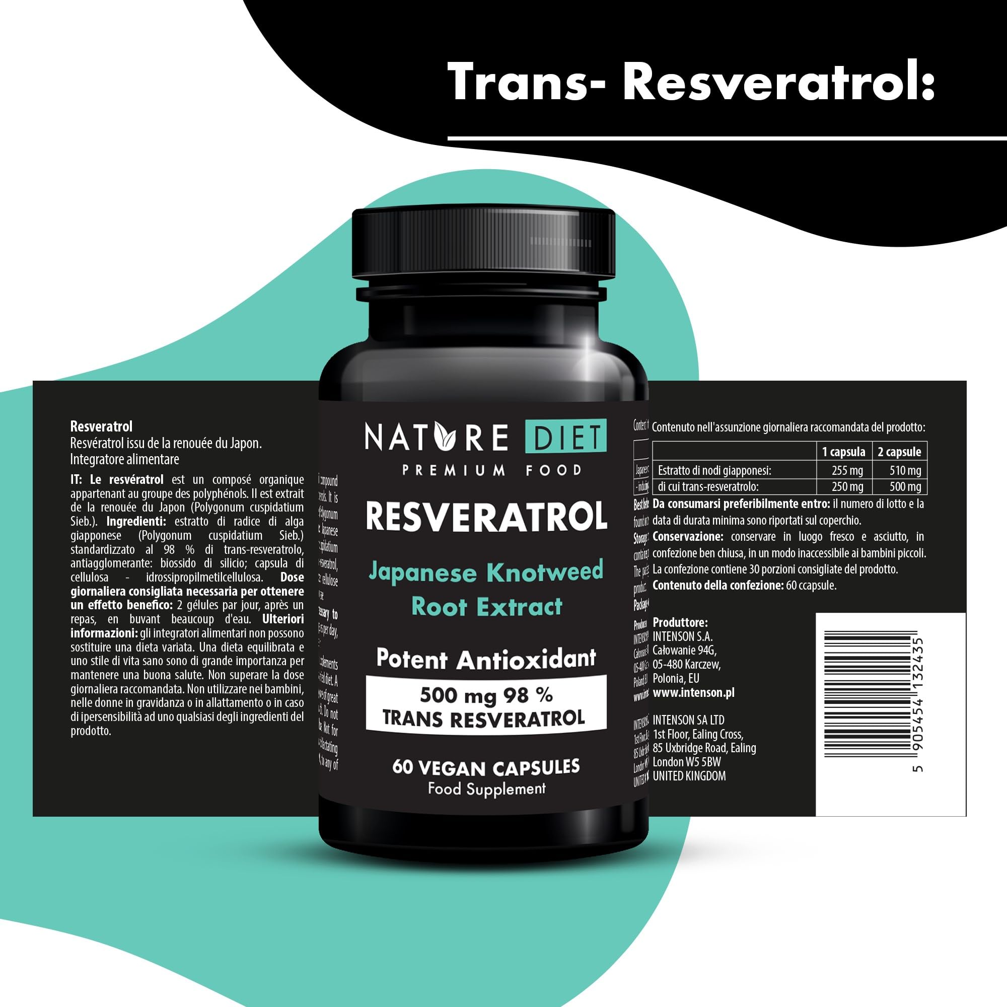 Nature Diet Resveratrol - 500 mg di Trans-Resveratrolo (98%) - Estratto di Poligono del Giappone - 60 Capsule Vegane - Sostegno Antiossidante - Supporta un Invecchiamento Sano e il Benessere Cellulare