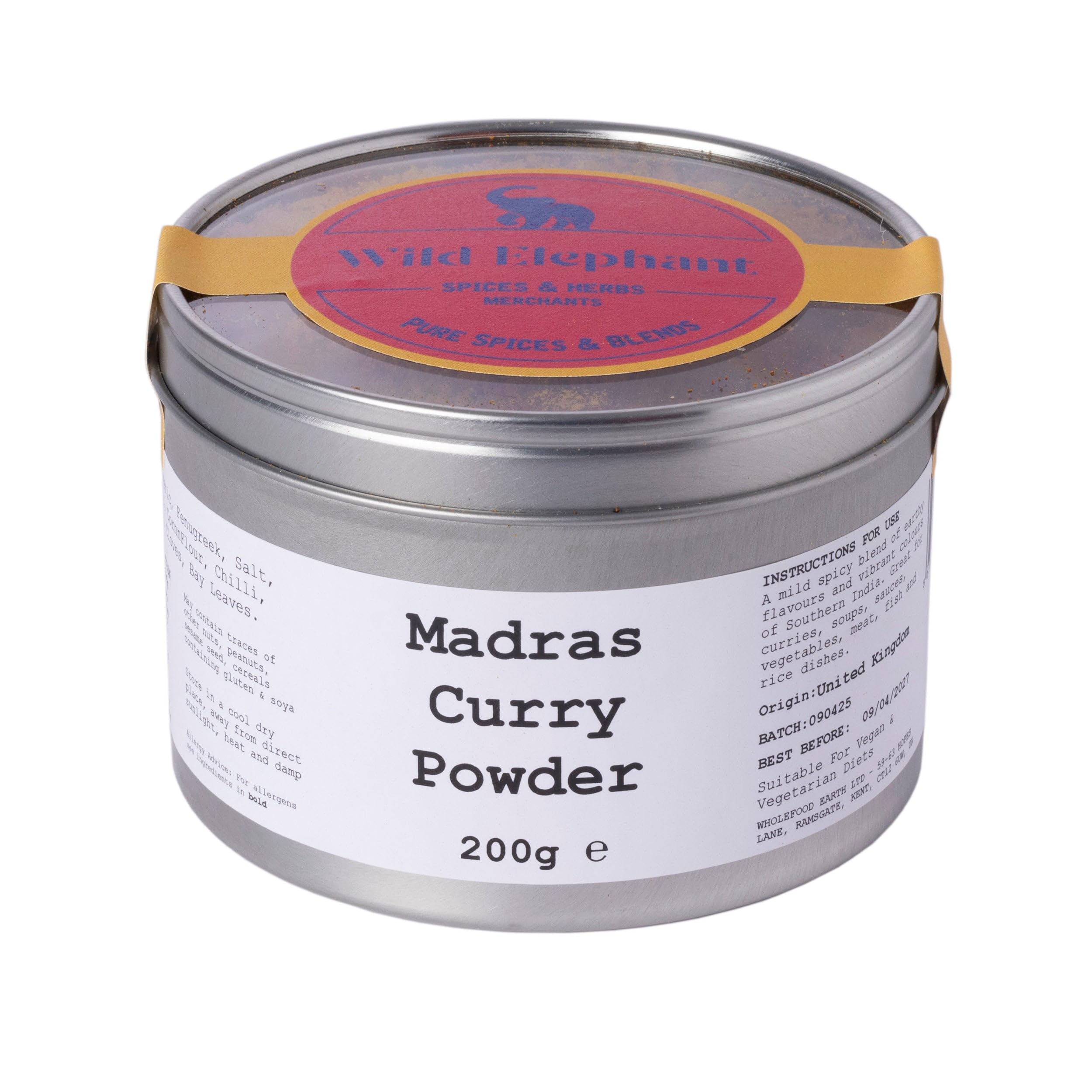 Wild Elephant Madras Curry Powder 200g - Hot Indian Spice Blend, No Additives - For Madras, Vindaloo & Fiery Curries - Made in UK